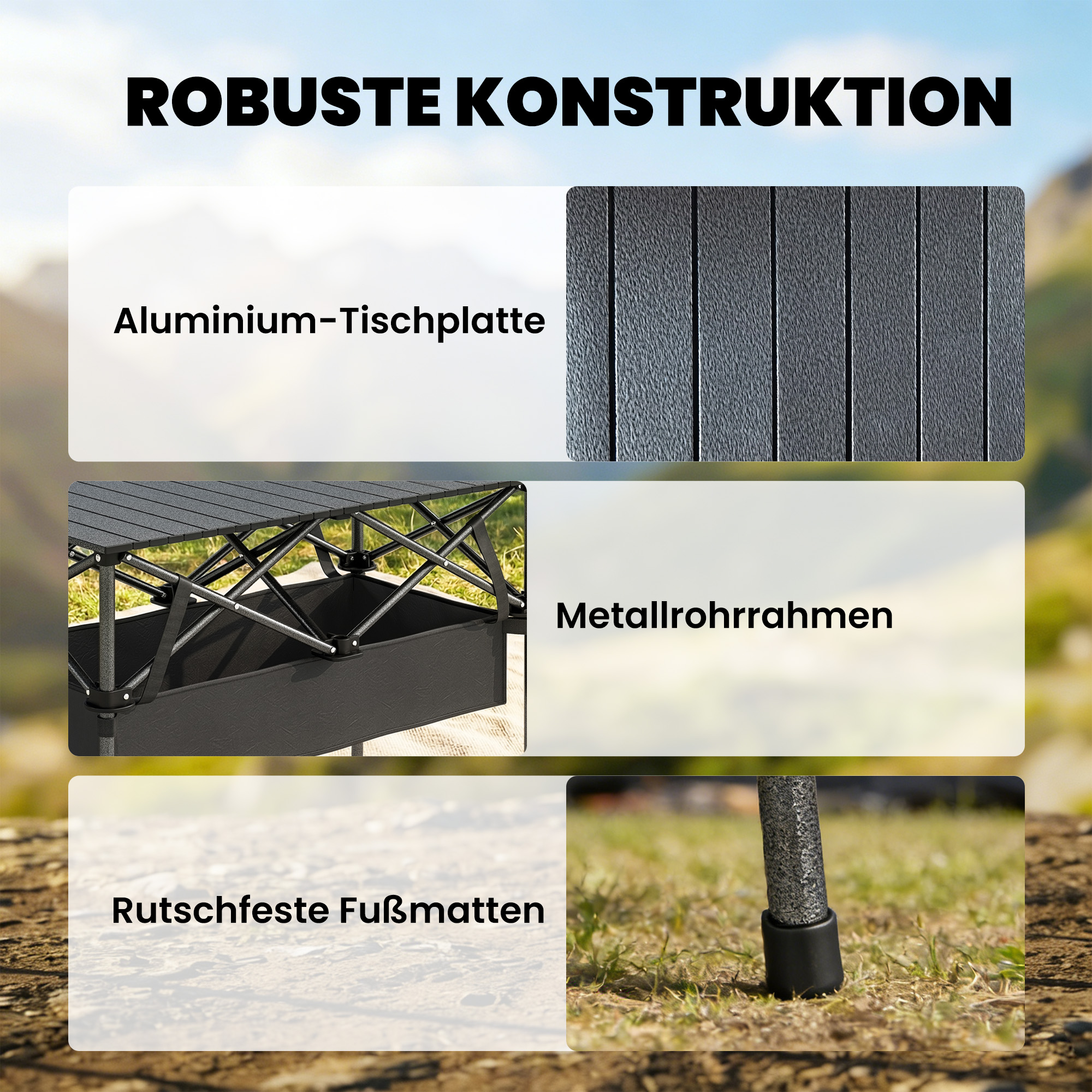 klappbarer rollbarer Picknicktisch Tragbarer Campingtisch mit Netzablage und Tragetasche für den Außenbereich, Schwarz