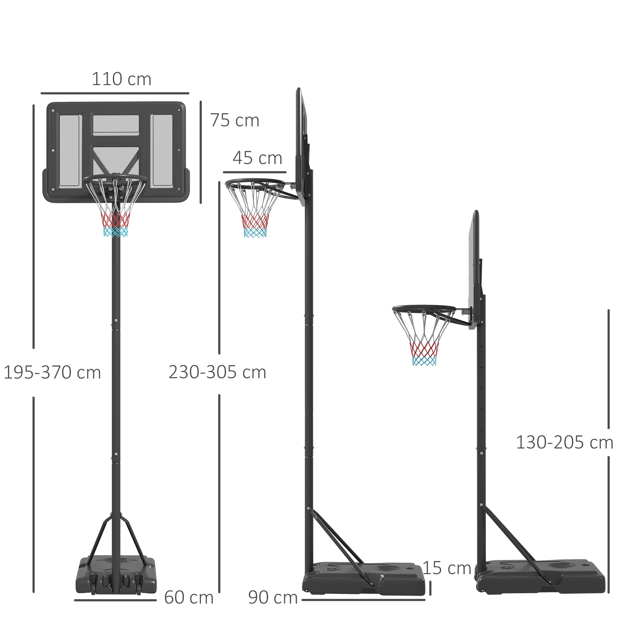 Basketballständer, Outdoor/Indoor, höhenverstellbar, mit Rädern, befüllbare Basis, Korbhöhe 2,30-3,05 m