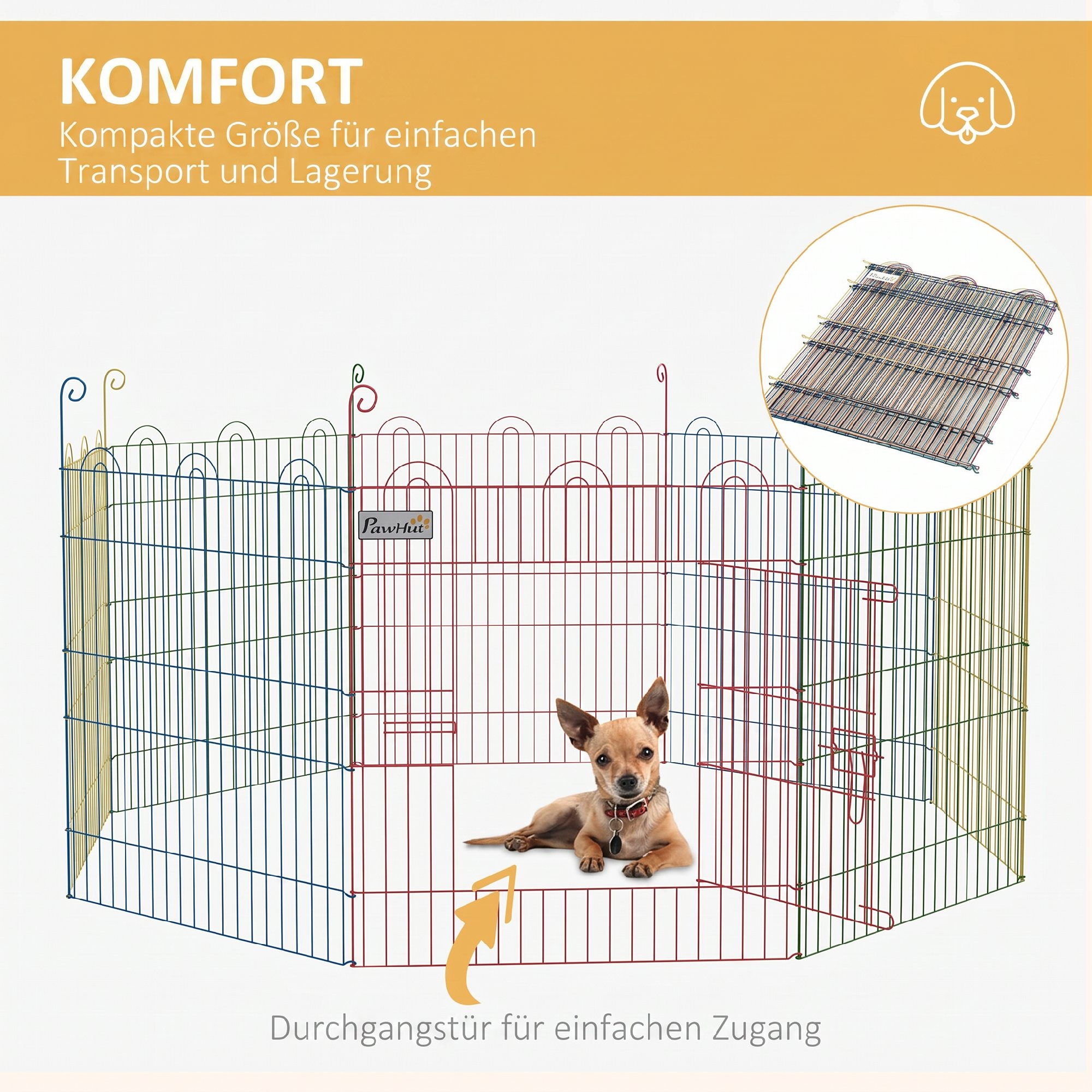Freilaufgehege, Welpenauslauf, modulares Design, verriegelbar, Stahl, Ø156x60H cm, Bunt
