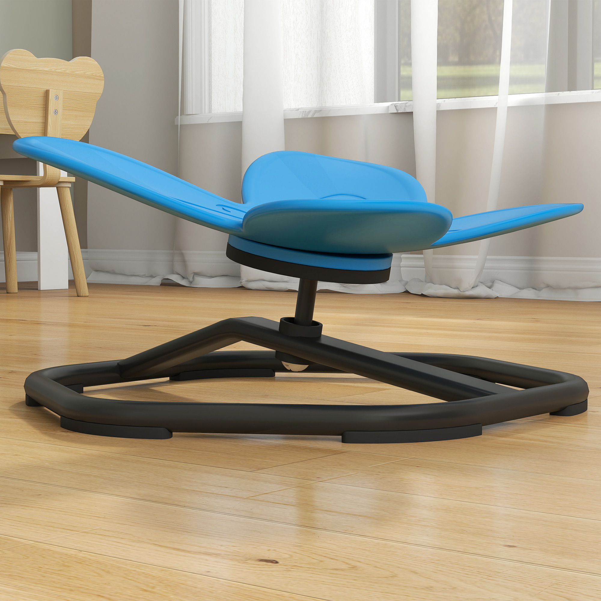 Sensorischer Drehstuhl für Kinder, Schmetterlings-Form, fördert Balance und Koordination, Kunststoff, Metall, Blau