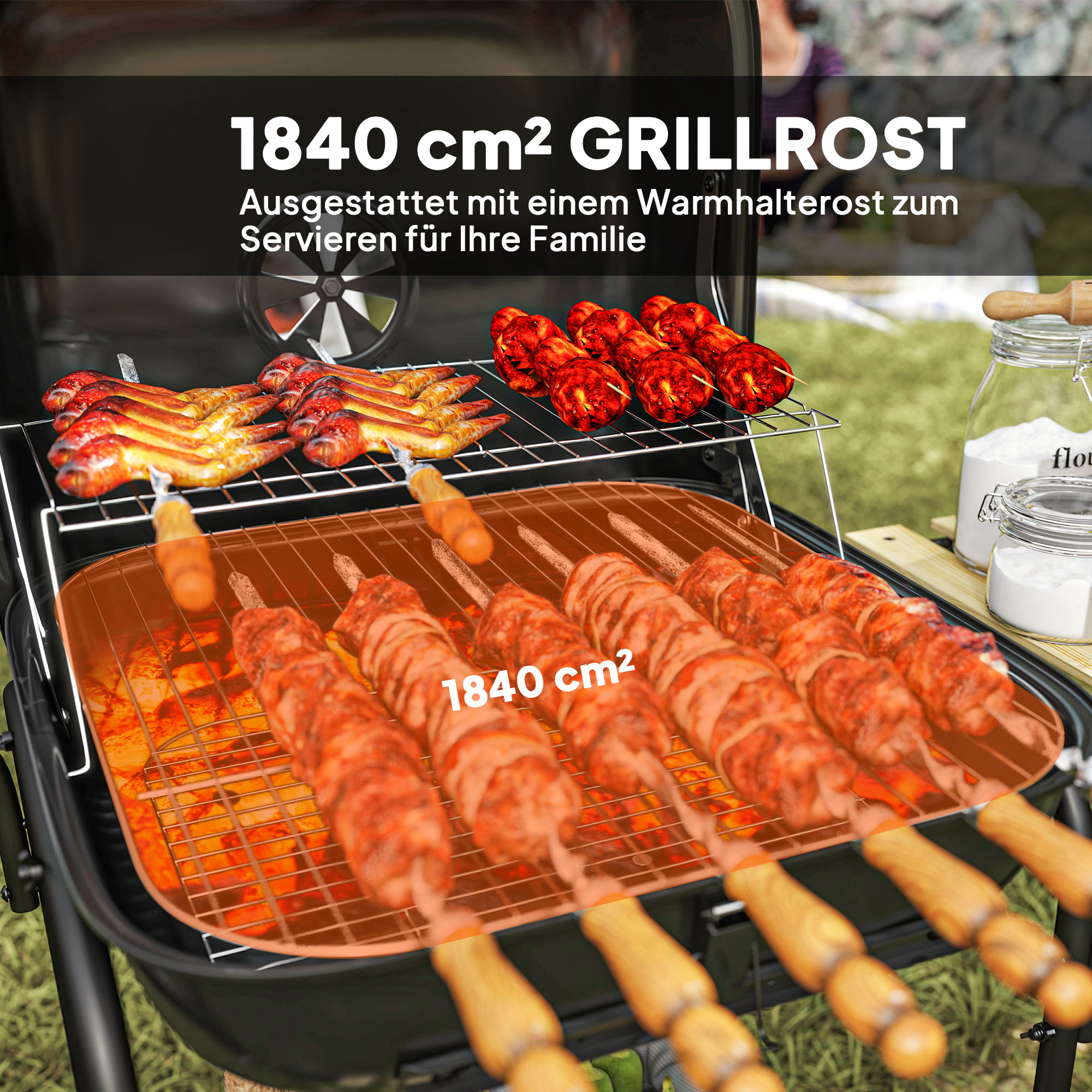Holzkohlegrill aus Stahl Grillwagen mit abschließbarem Deckel Grillrost Räder Griff Holzablage 98 x 54 x 91 cm Schwarz