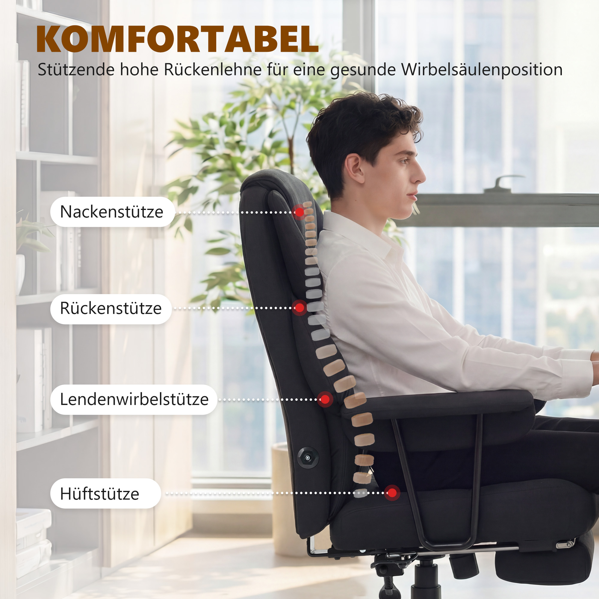 3D Knet-Massage-Bürostuhl mit Fußstütze, verstellbarer Computerstuhl mit hoher Rückenlehne, Leathaire-Polsterung, Schwarz