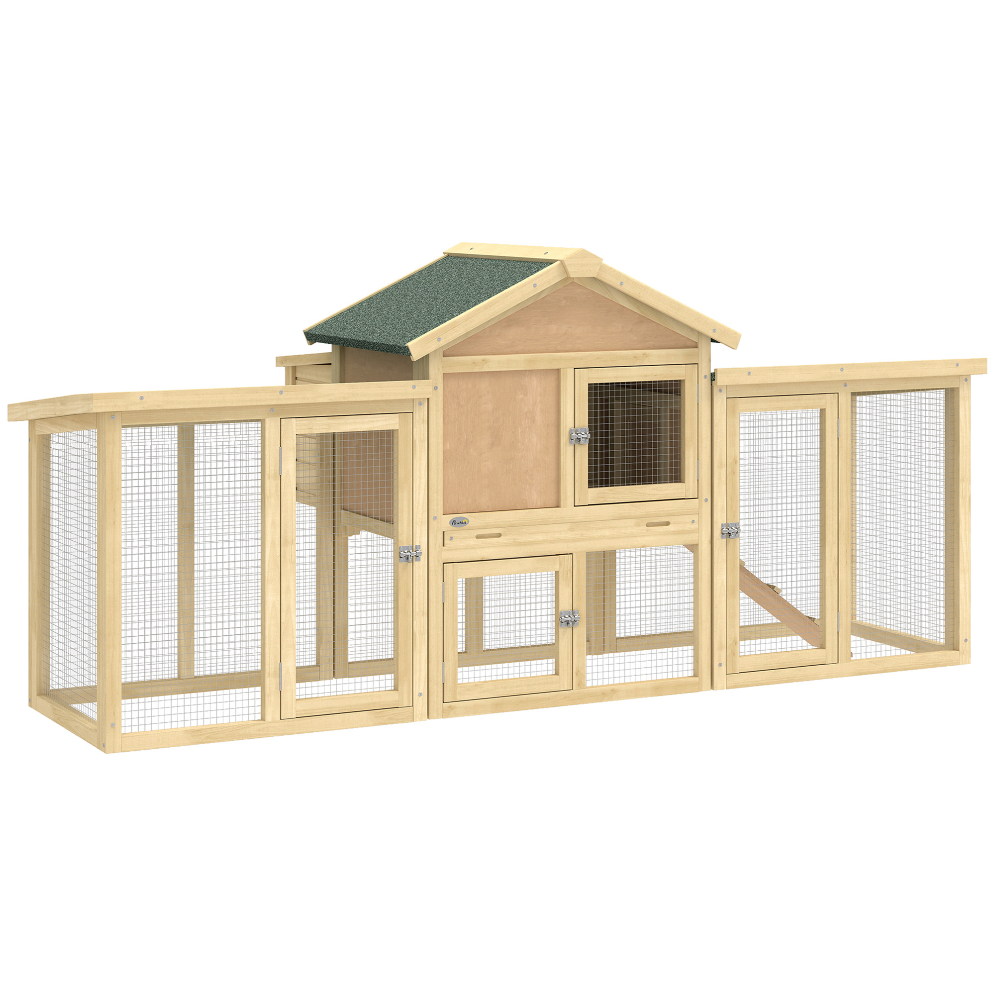Hühnerstall Hühnerhaus aus Holz mit Nistkasten, wasserdichtem Dach, Sitzstange, Auslauf, Rampe, 204x85x93 cm Naturholz