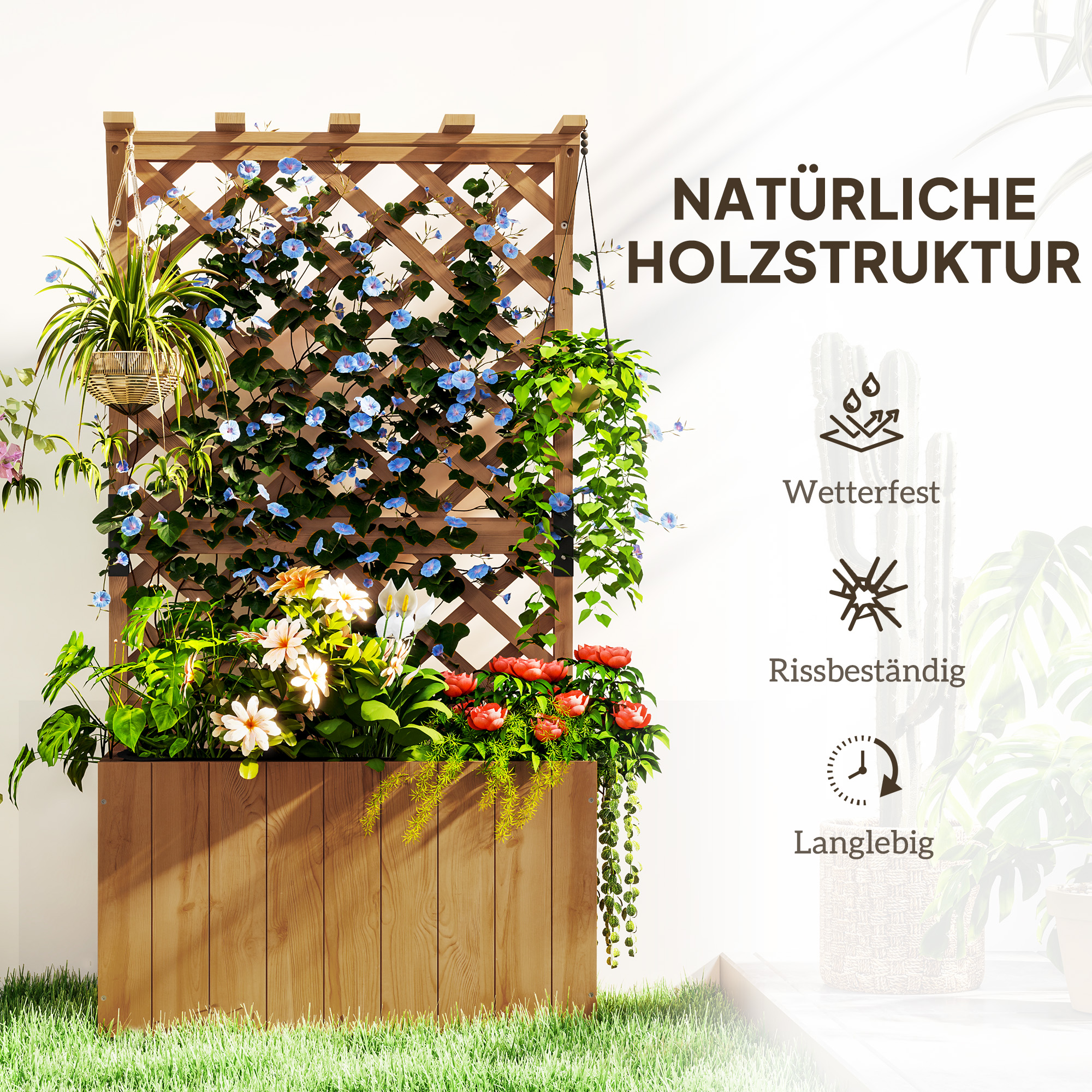 Hochbeet Pflanzkasten mit Rankgitter, Spalier Pflanzkübel Blumenkasten Holz, Gartenspalier 64 x 33 x 122cm Naturholz