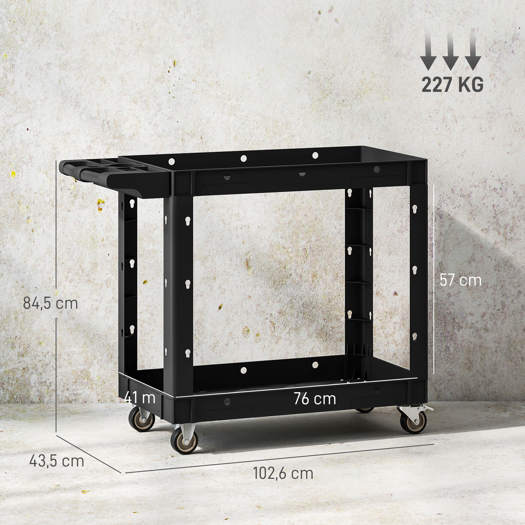 Werkzeugwagen, 2-stöckige Ablagen, Griff, Räder, Kunststoff, Schwarz