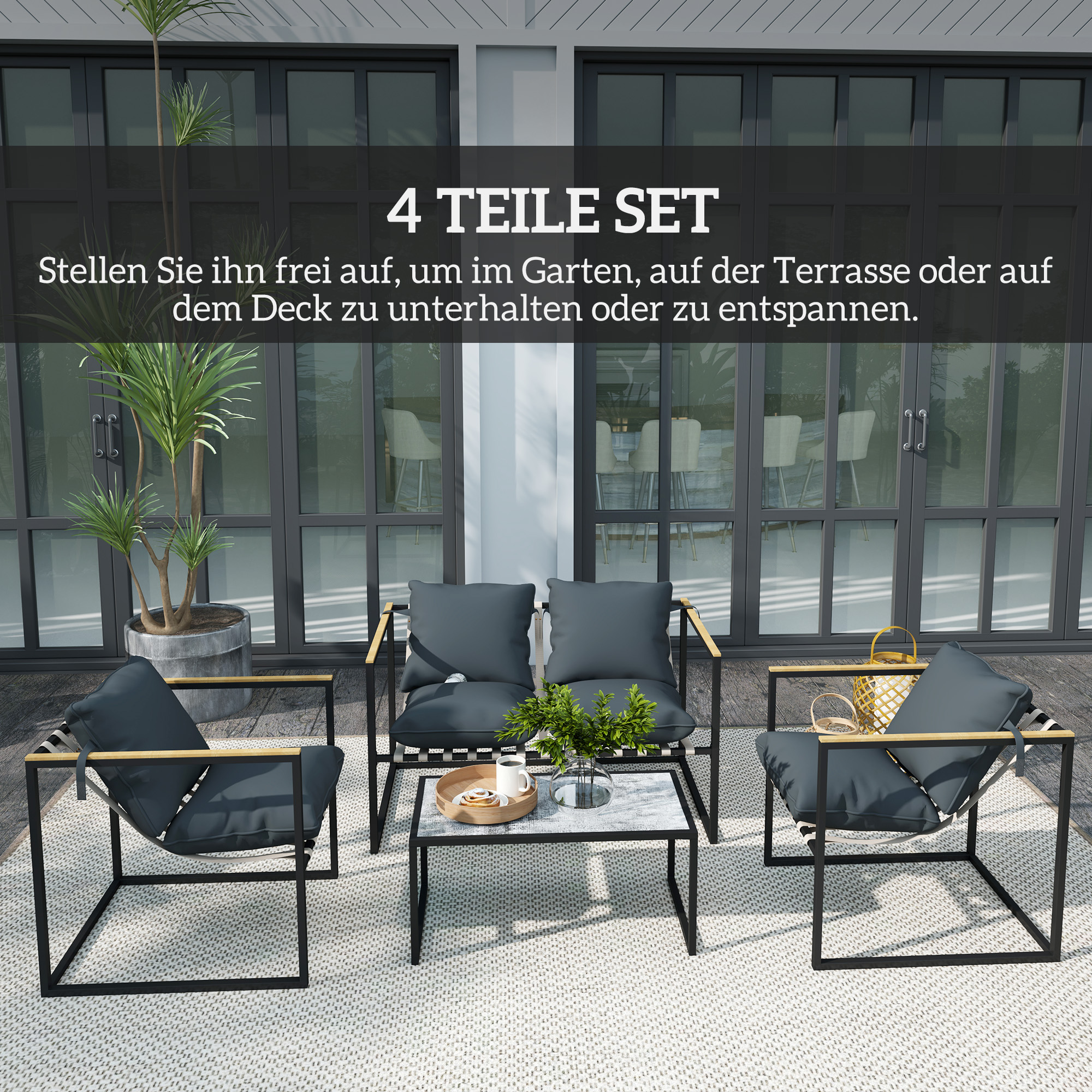 4-teiliges Gartenmöbelset, Outdoor-Möbel-Set, 2 Sessel, 2er Sofa, 1 Tisch, gepolstert, Stahl, Polyester, Grau