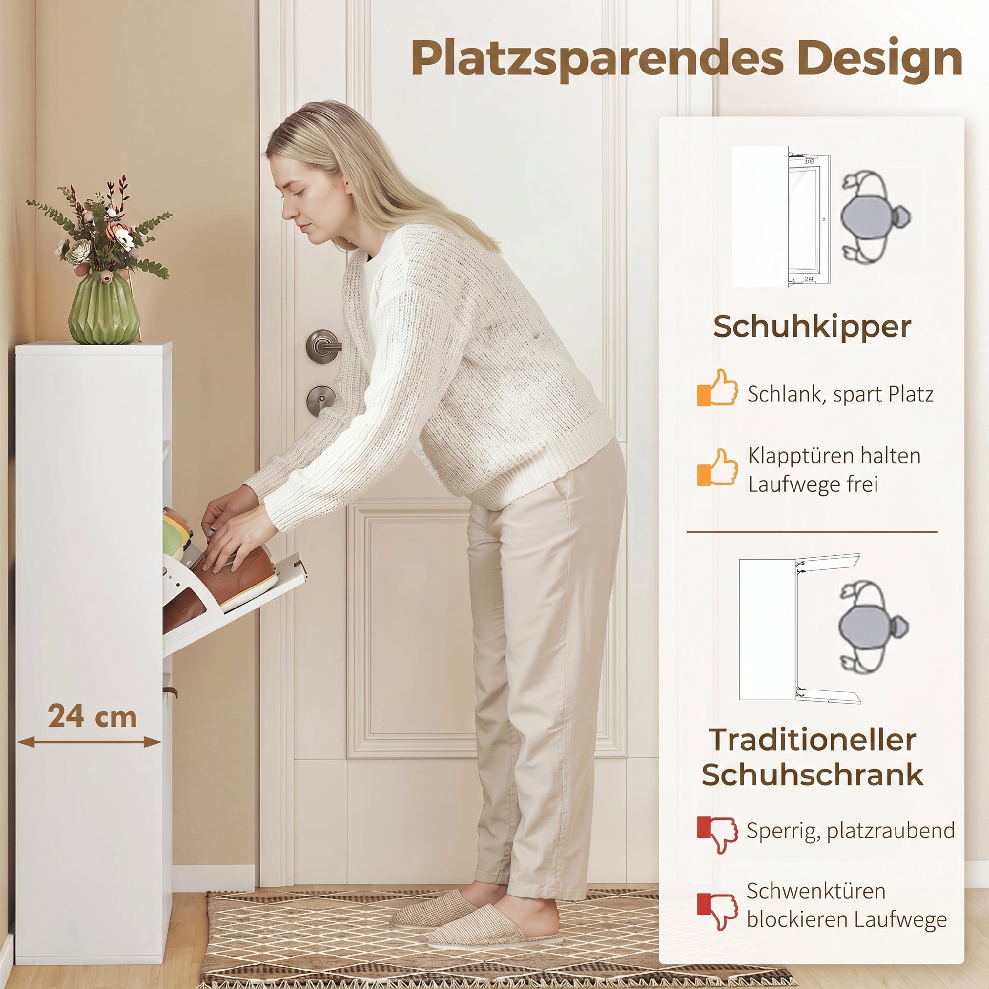 schmaler Schuhschrank mit 2 Klappfächern und Ablagefläche für Flur und Eingangsbereich, Weiß