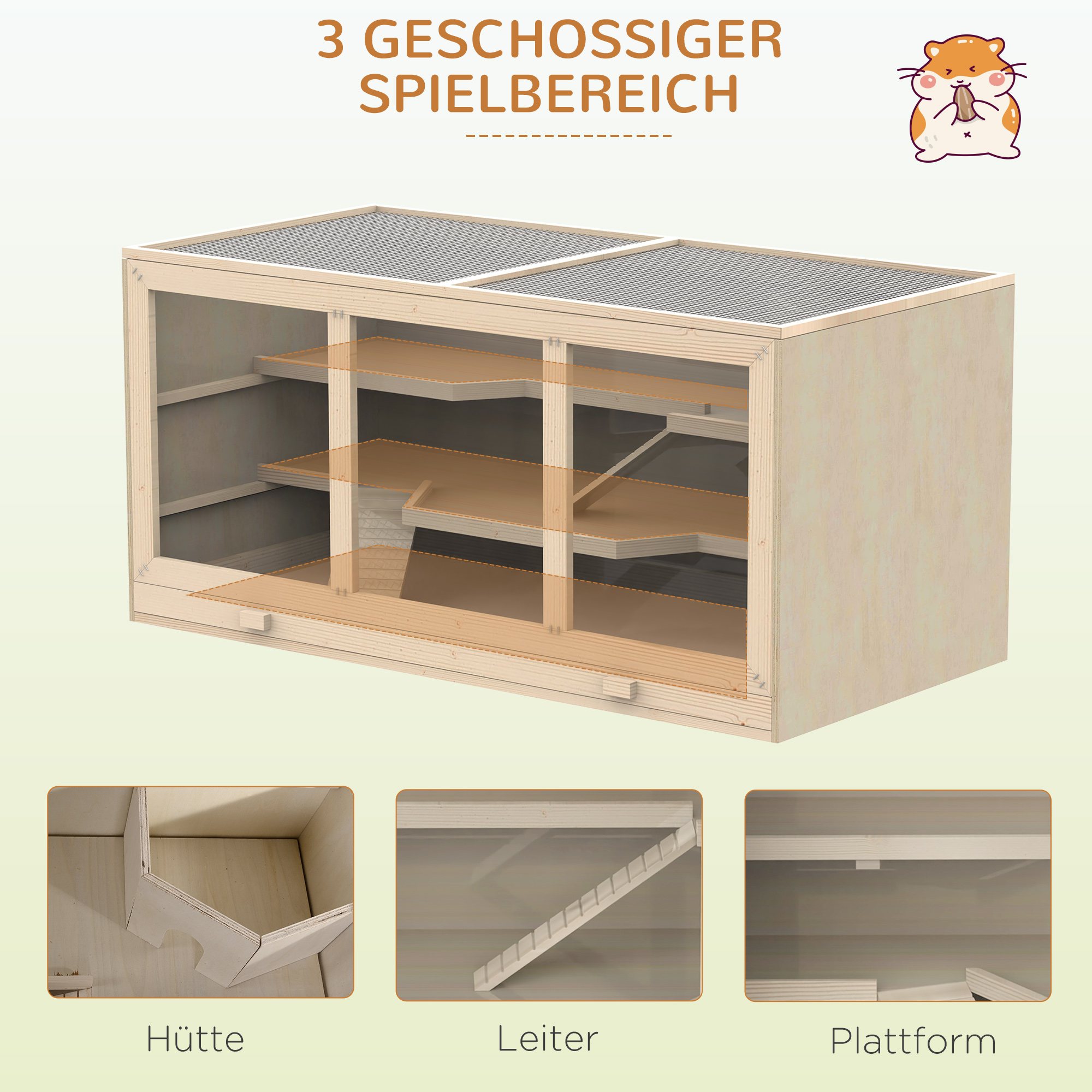 Hamsterkäfig aus Holz 3 Etagen Nagerkäfig mit reinigbar Ablage Kleintierkäfig mit klappbarem Deckel Treppen Holzkäfig Käfig für Hamster Zwerghamster 115 x 57 x 55 cm Naturholz