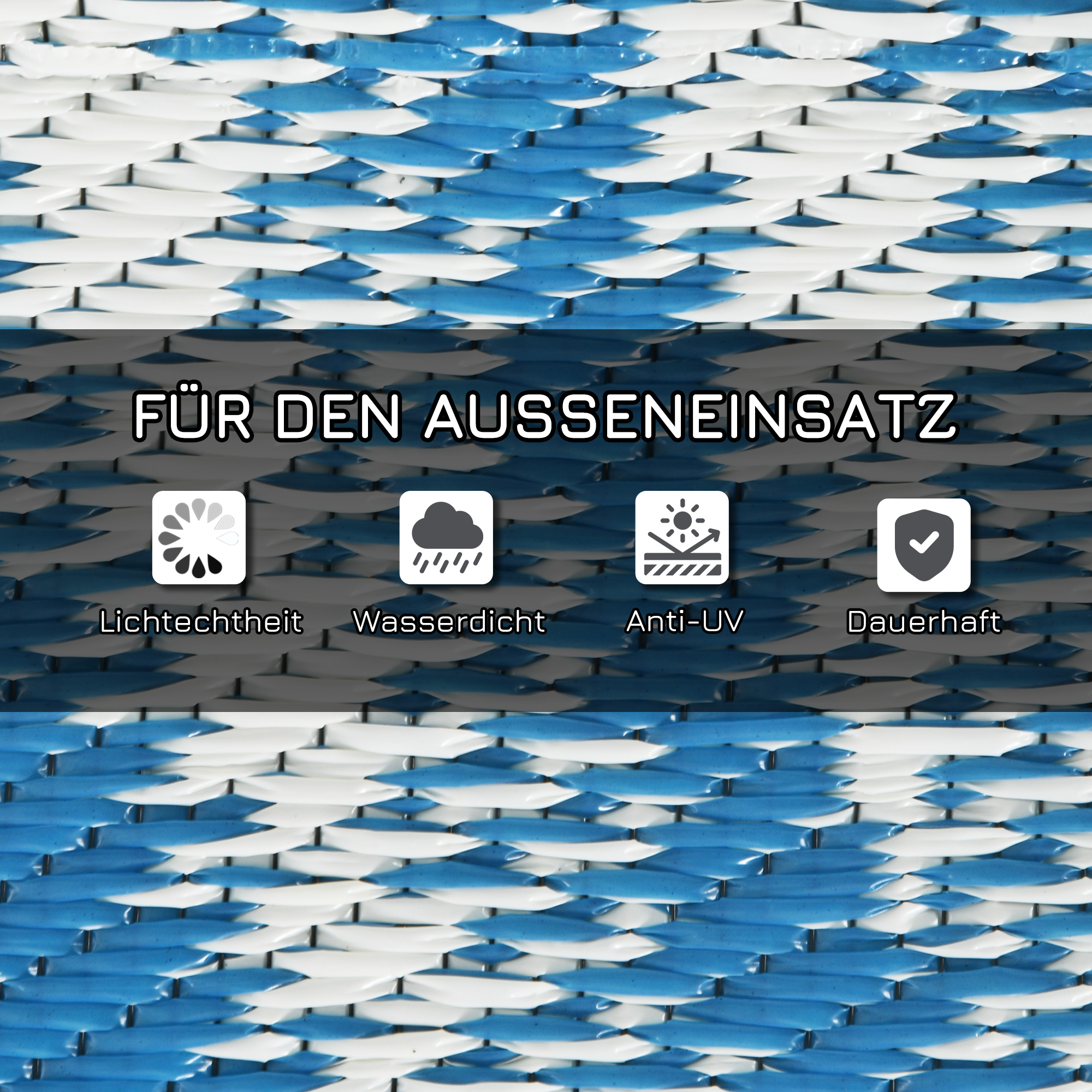 Outdoor Wendeteppich, wasserfest, Blattmuster, 182x274cm, Blau/Creme