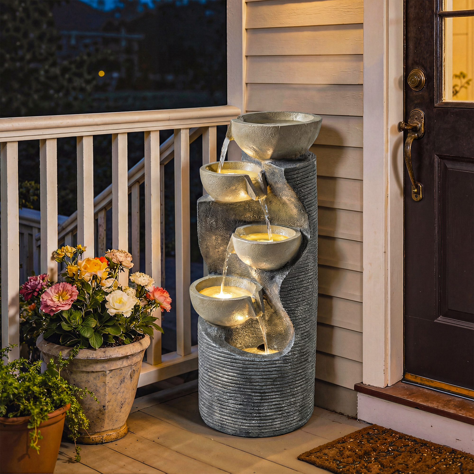 Springbrunnen 5-stufig Gartenbrunnen mit LED Beleuchtung Pumpe Steinoptik, Verstellbar 33 x 31 x 80 cm