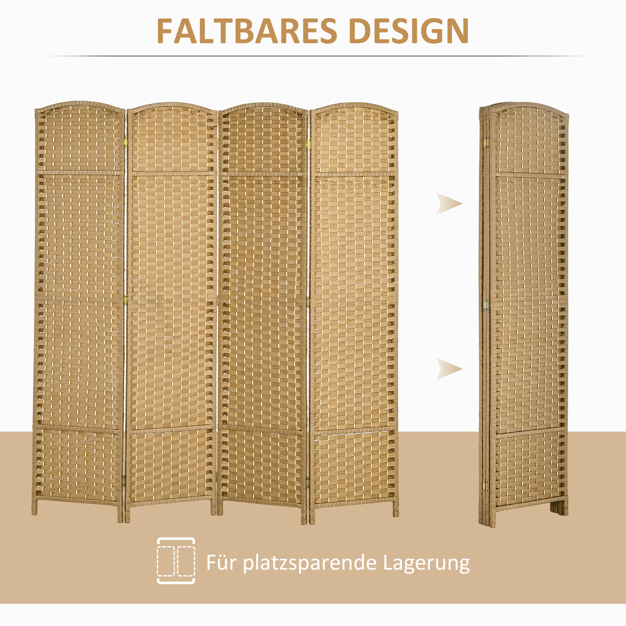 4-teiliger Raumtrenner, Faltbarer Sichtschutz, Sichtschutzwand für Wohnzimmer, Schlafzimmer, Homeoffice, Natur