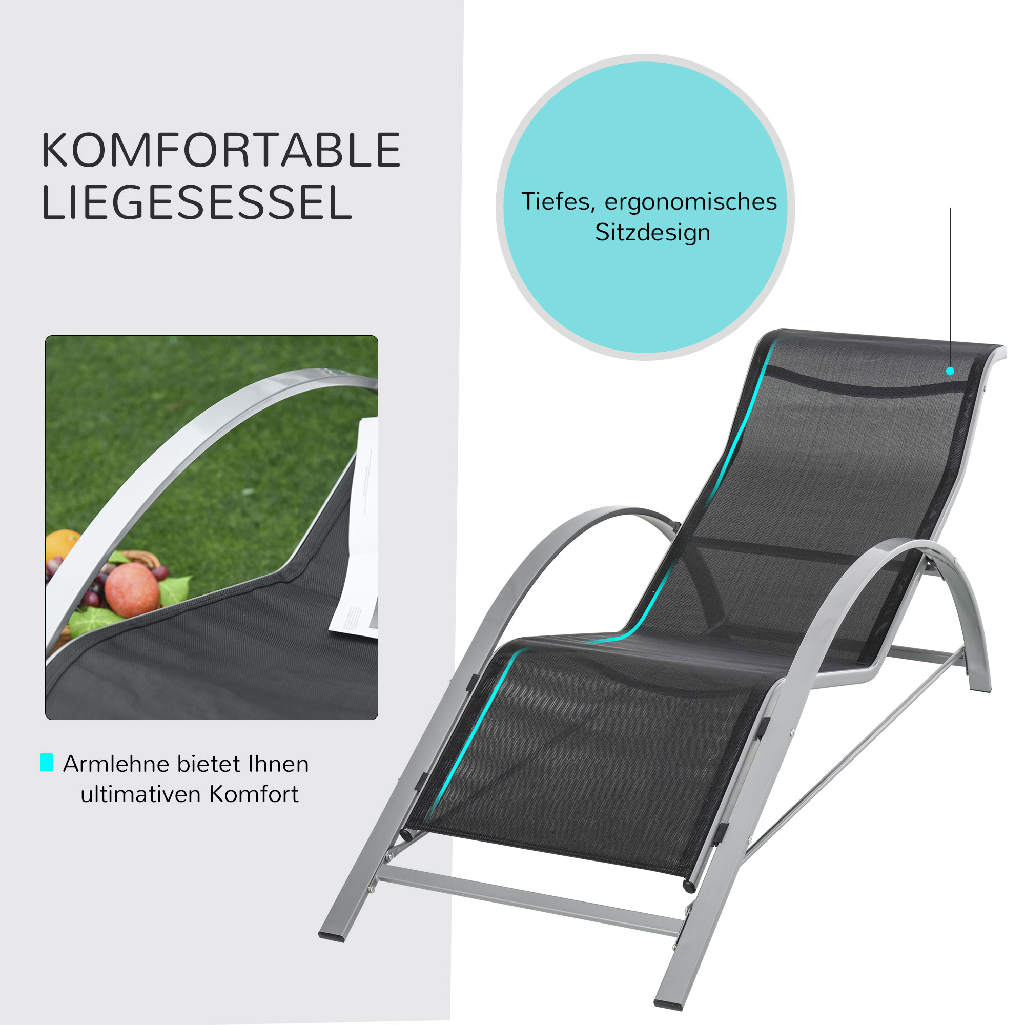 Gartenliege Set Metall Mesh 3-TLG. Sonnenliege mit Teetisch Gartengarnitur mit 2 Sonnenliegen, 1 Beistelltisch Gartensitzgruppe für Garten, Balkon 59B x 169T x 66H cm Schwarz+Silber