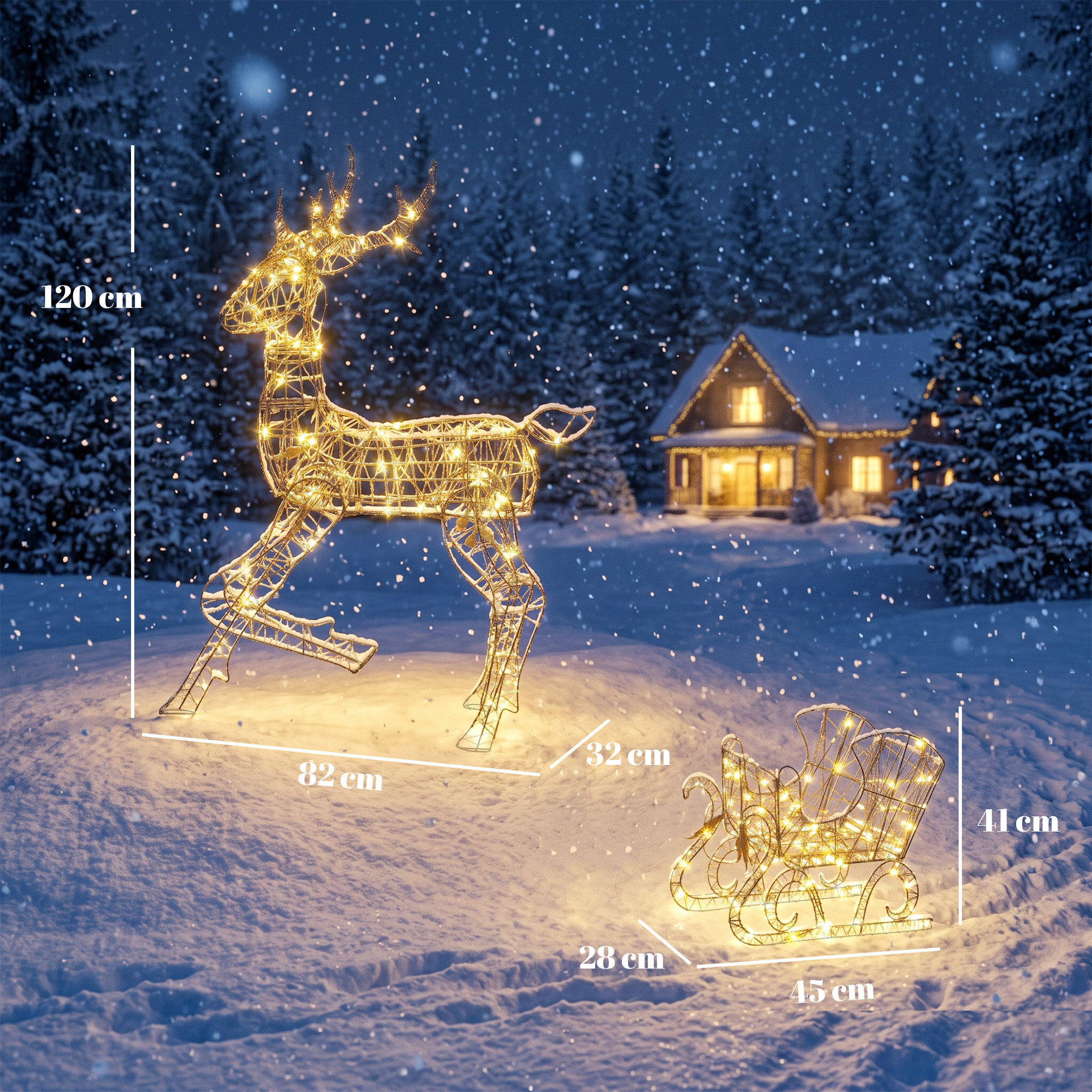 beleuchtetes Rentier- und Schlitten-Set, 2-teilige Weihnachtsdeko aus Polyrattan für außen, mit LEDs, 8 Modi, Timer