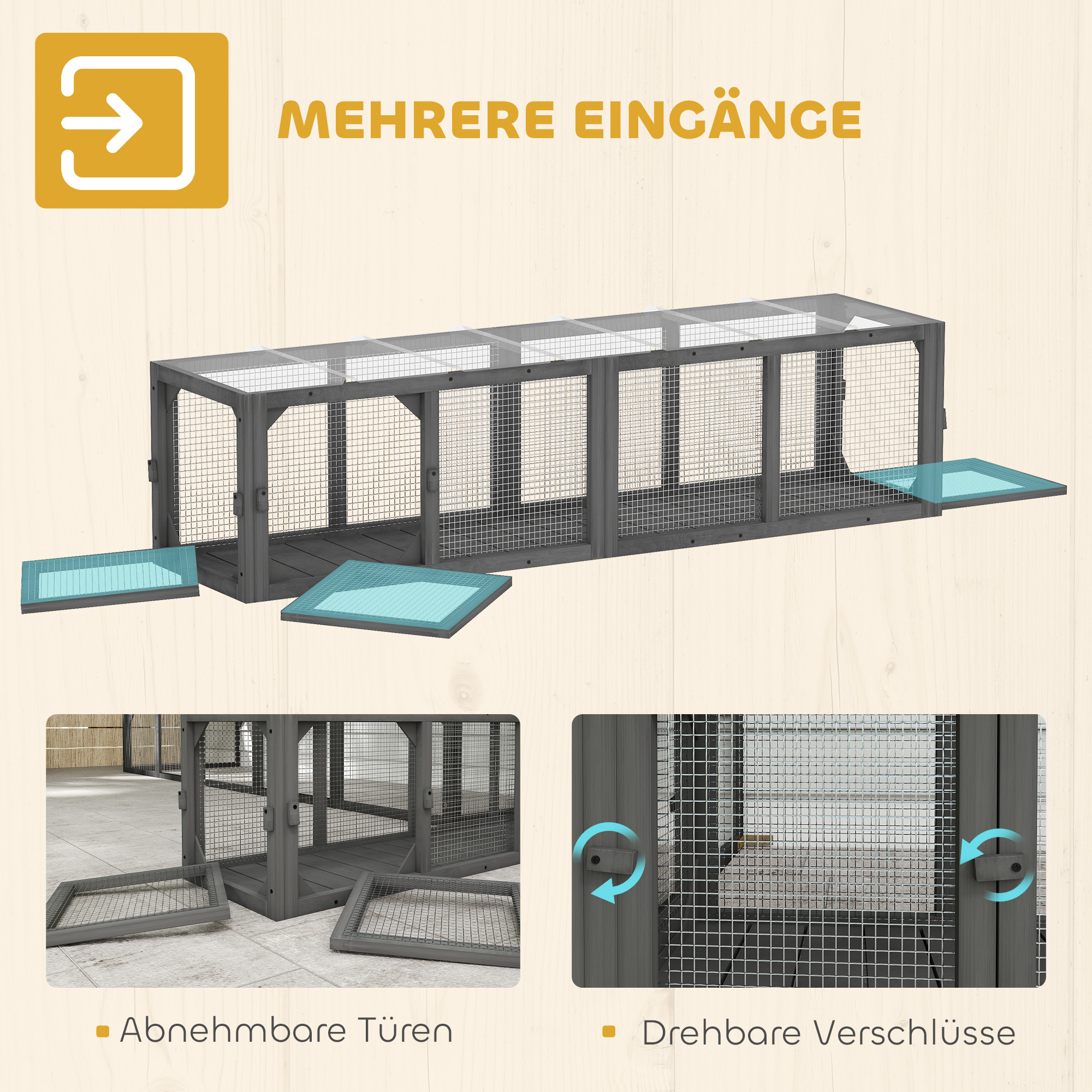 Katzentunnel Katzenspielzeug aus Holz mit 3 Türen, erweiterbar Spieltunnel für Katzen bis 10 kg, 151,5 x 38,5 cm Grau