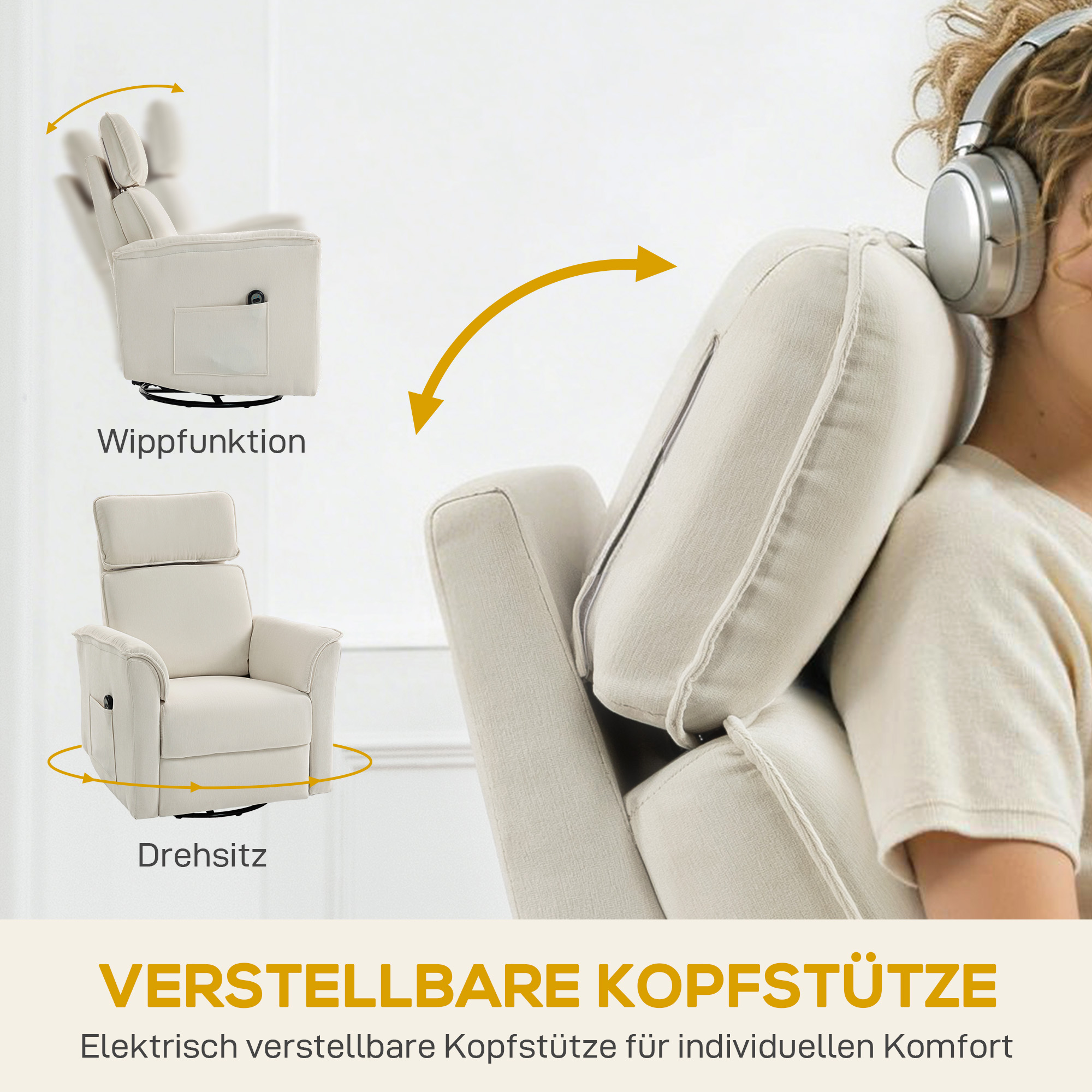 Relaxsessel Elektrisch mit Liegefunktion, Verstellbare Rückenlehne, Kopfstütze für Wohnzimmer Cremeweiß