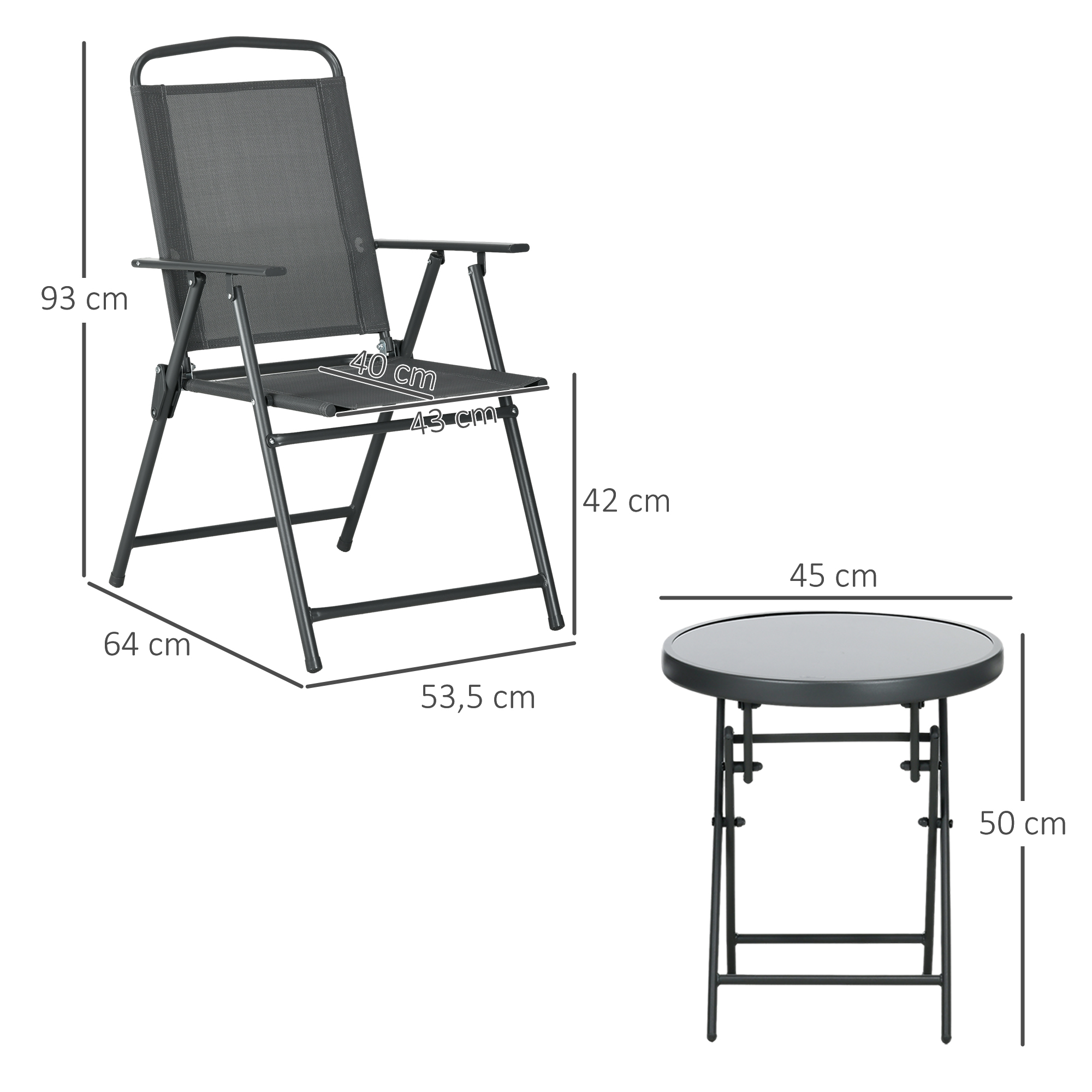Bistro-Set 3-teilig aus Metall Wetterfest Gartenmöbel Set mit klappbar Glastisch Gartenstühlen Dunkelgrau