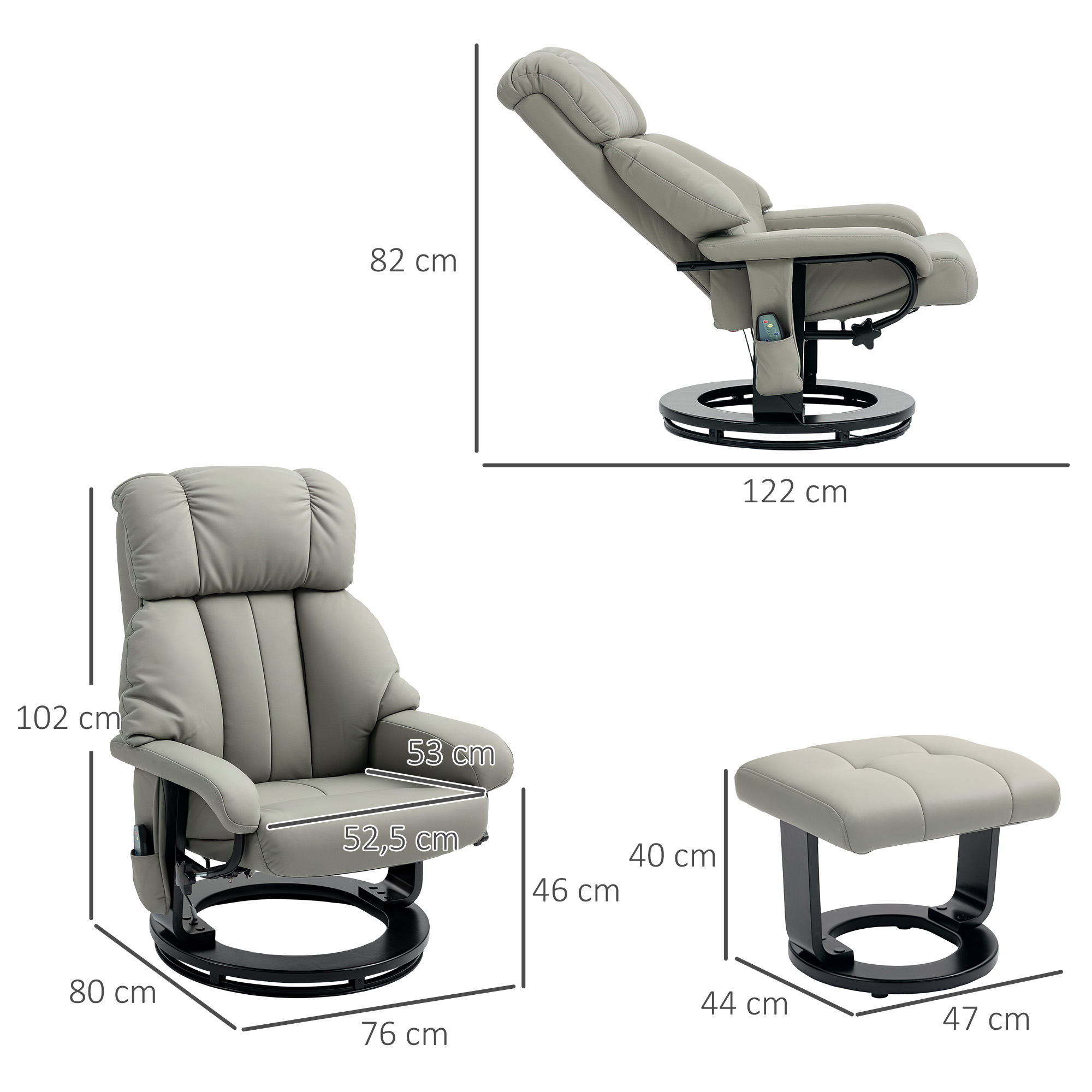 Relaxsessel Massagefunktion Fernsehsessel mit Seitentasche, Kunstleder, Grau
