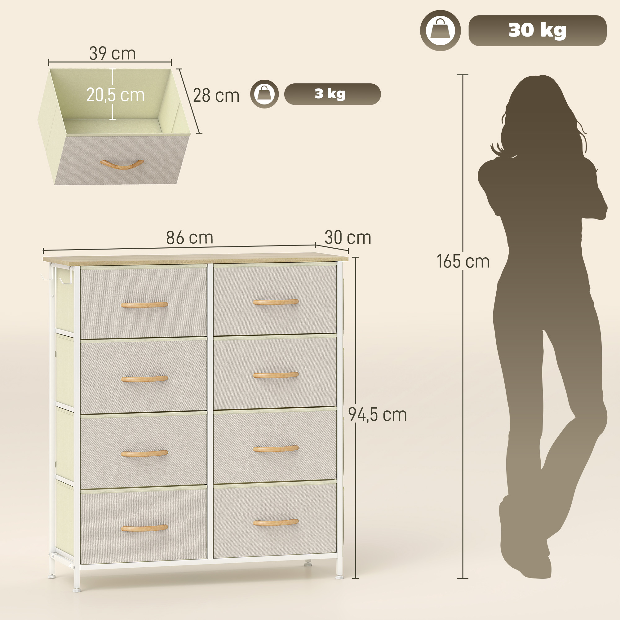 Schlafzimmer-Kommode mit 8 Stoffschubladen, Stahlstreben, Holzoberfläche, 4 Aufbewahrungstaschen, 2 Haken, Beige