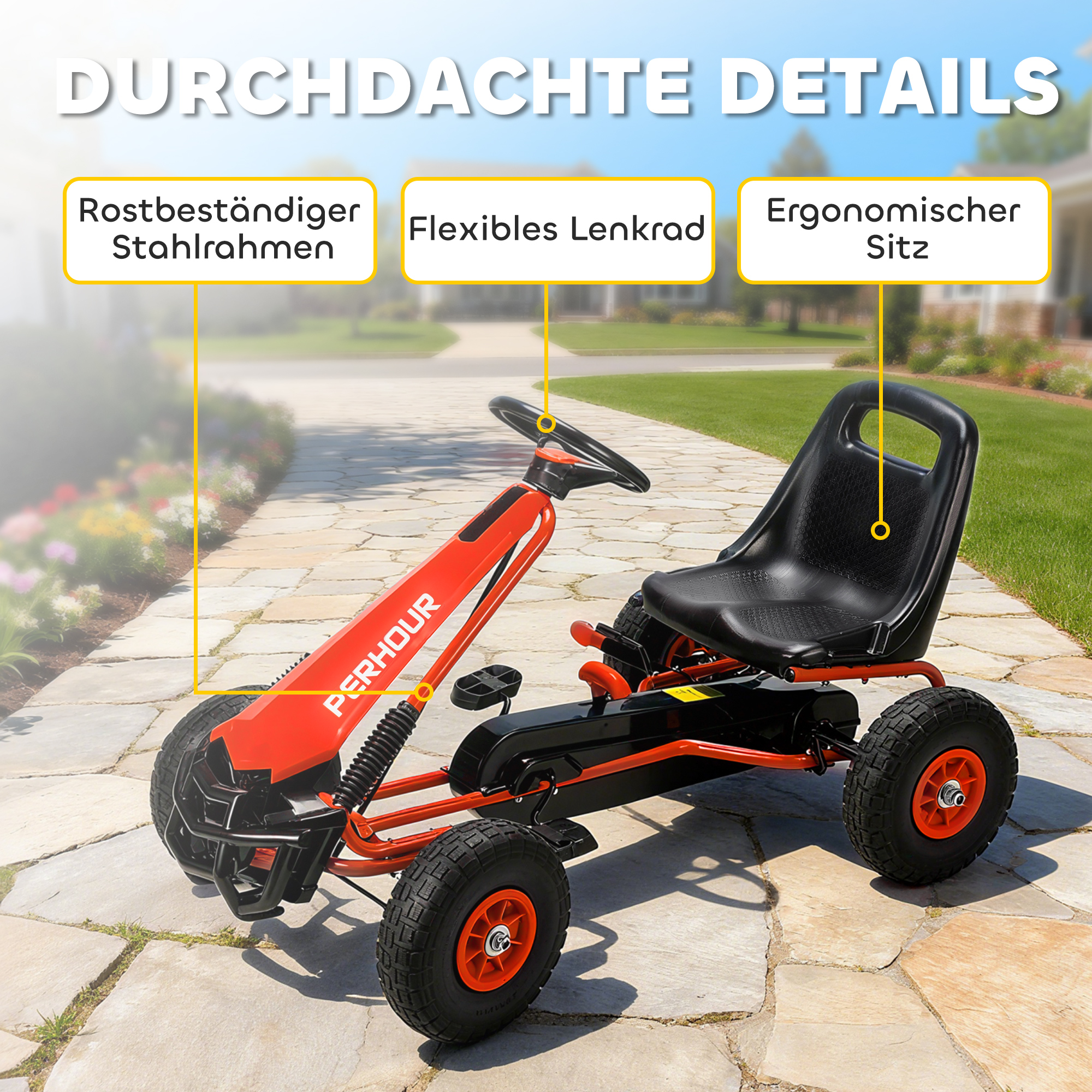 Pedal-Gokart für Kinder, höhenverstellbarer Sitz, EVA-Räder, Bremse, Kupplung, 3-8 Jahre, Rot