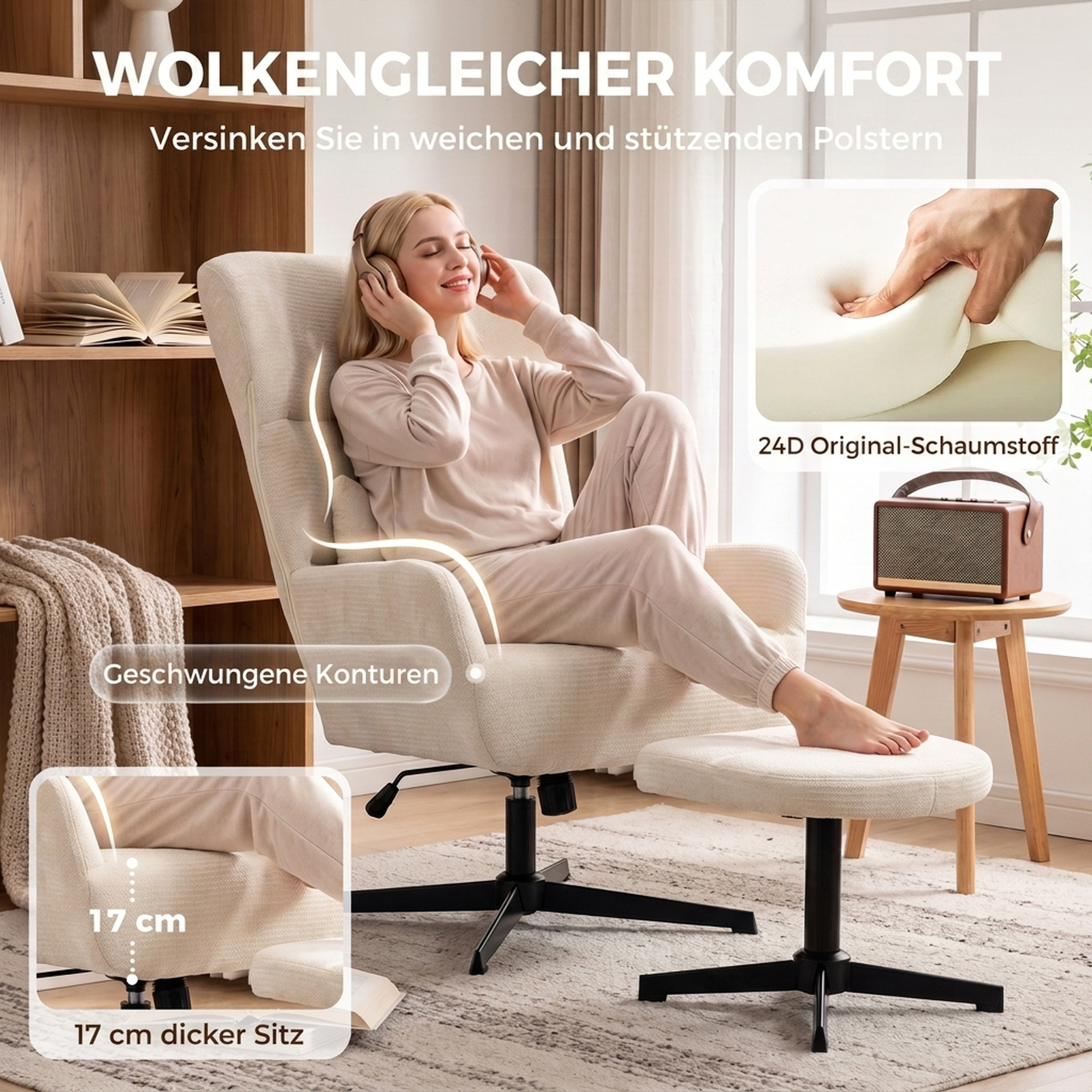 360° drehbarer Loungesessel mit Hocker, höhenverstellbar, Chenille-Bezug, mit Lendenkissen, Cremeweiß