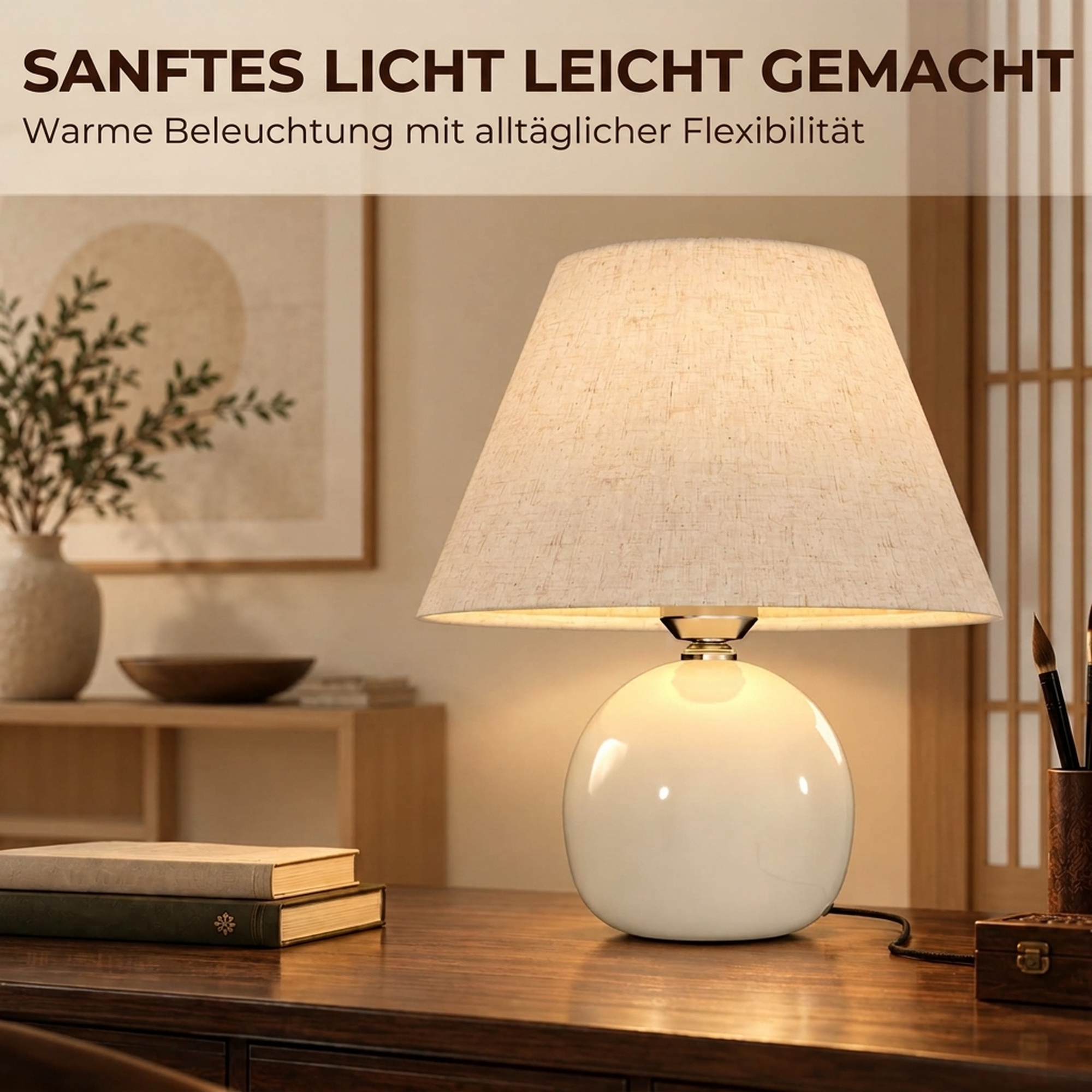 Tischlampe Tischleuchte, Vintage Nachttischlampe Schreibtischlampe mit Keramiksockel, Leinenschirm E27 Fassung