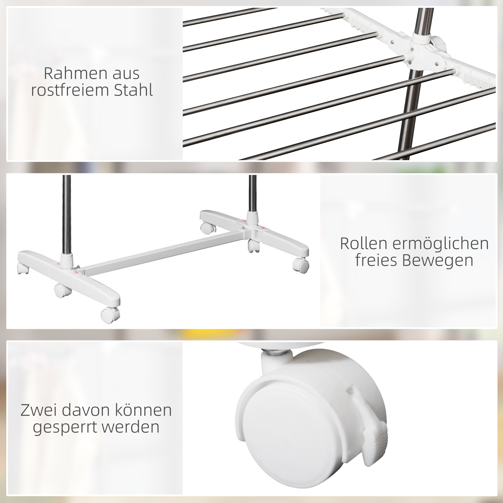 Turmwäscheständer ausziehbar Standtrockner mit 3 Ebenen, klappbare Flügel, Rollen, Wäschetrockner für Innen und Außen, Weiß, 83-136,5 x 45,5 x 154 cm