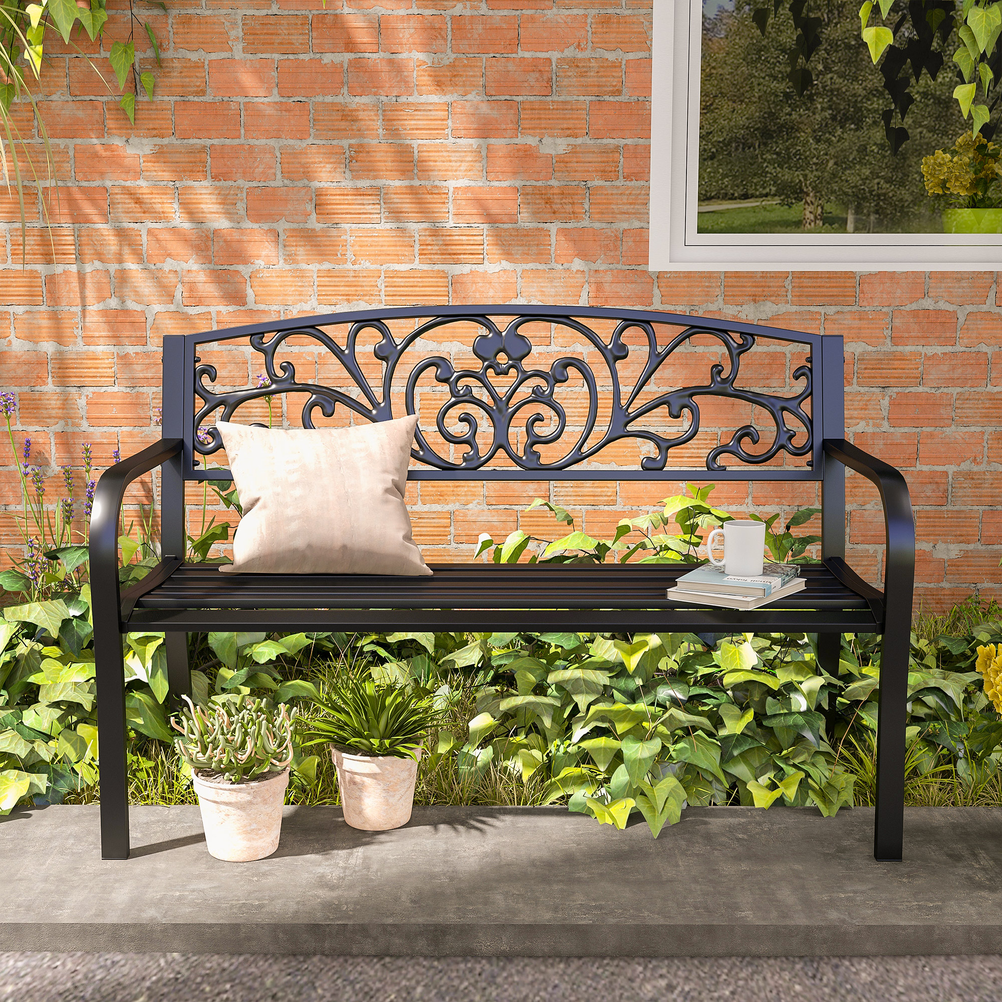Metallgartenbank, Blumendesign, 2-Sitzer, 240 kg Tragkraft, Stahl, 127L x 60B x 87H cm, Schwarz