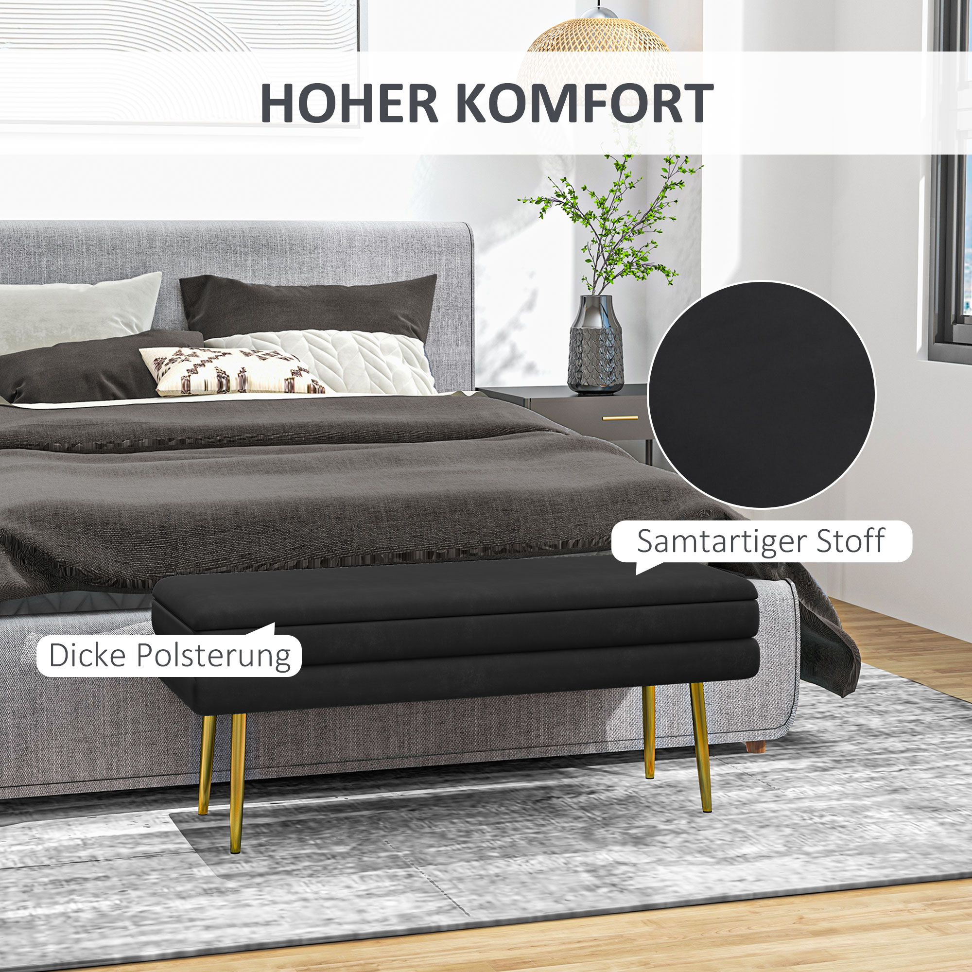 Sitzbank Polsterbank, mit Stauraum, Stahl, 100 cm x 37,5 cm x 42 cm, Schwarz