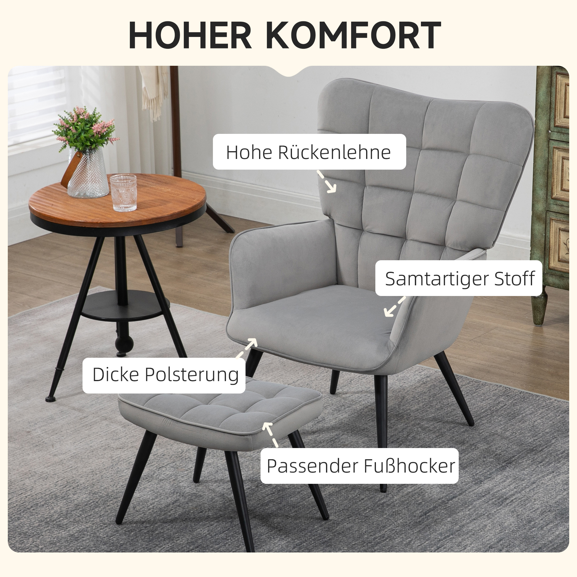 Relaxsessel mit Ottomane bis 120 kg Sessel mit Fußhocker, 2-teiliges Set, Grau