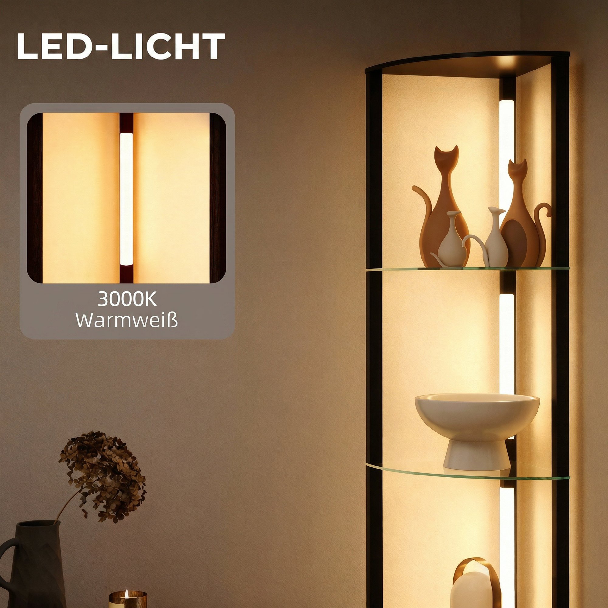 LED Stehlampe mit Glasregal Stehleuchte mit 3 Helligkeitsstufen Fußschalter für Wohnzimmer Schlafzimmer Schwarz