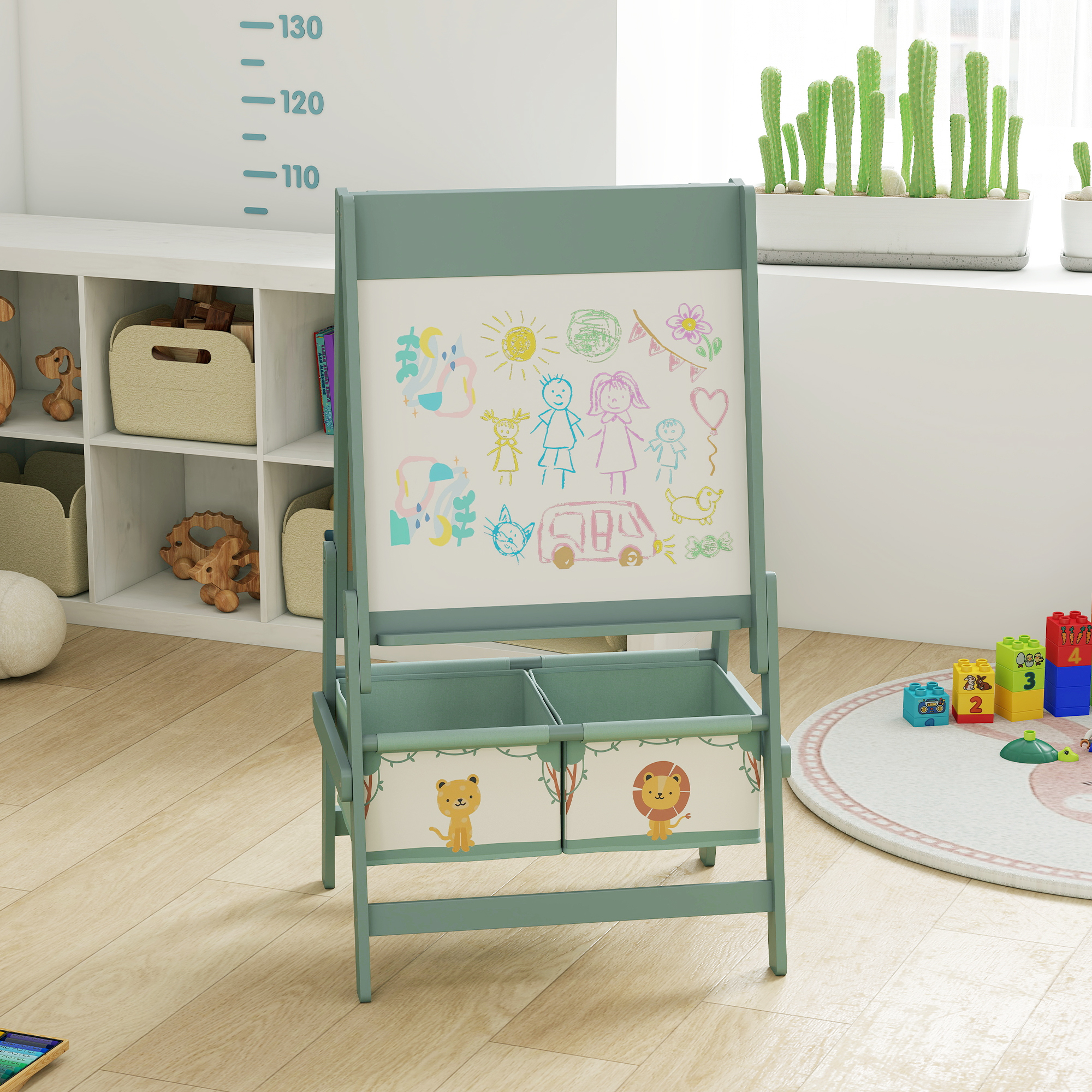Kinder Staffelei 3 in 1 Kindertafel mit Kreidetafel, Whiteboard, Papierrolle, 2 Aufbewahrungsboxen, für 3-8 Jahre Grün