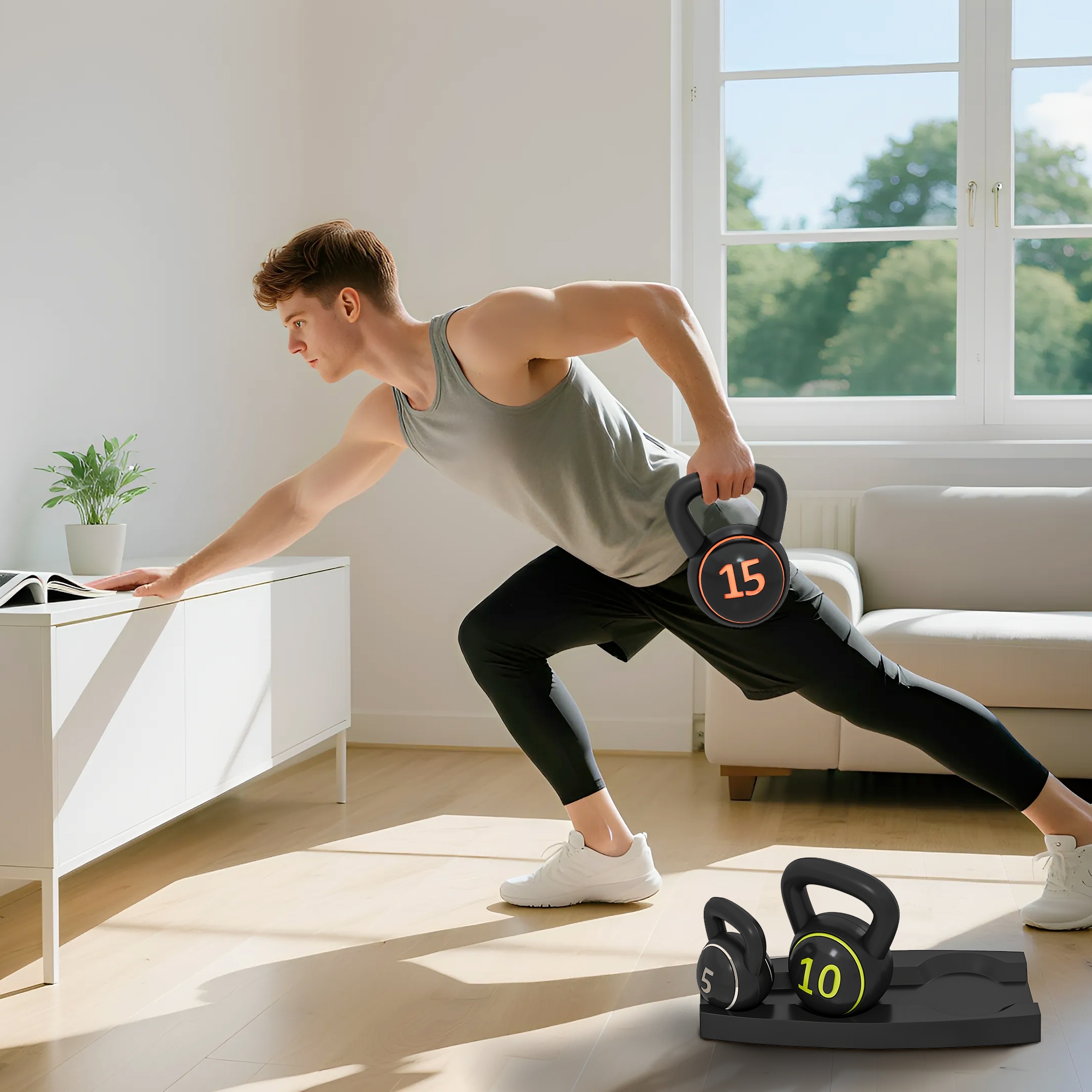 Kettlebell Set, 3 Kugelhanteln 2,2kg/4,5kg/6,8kg, Kunststoffhülle, Schwarz