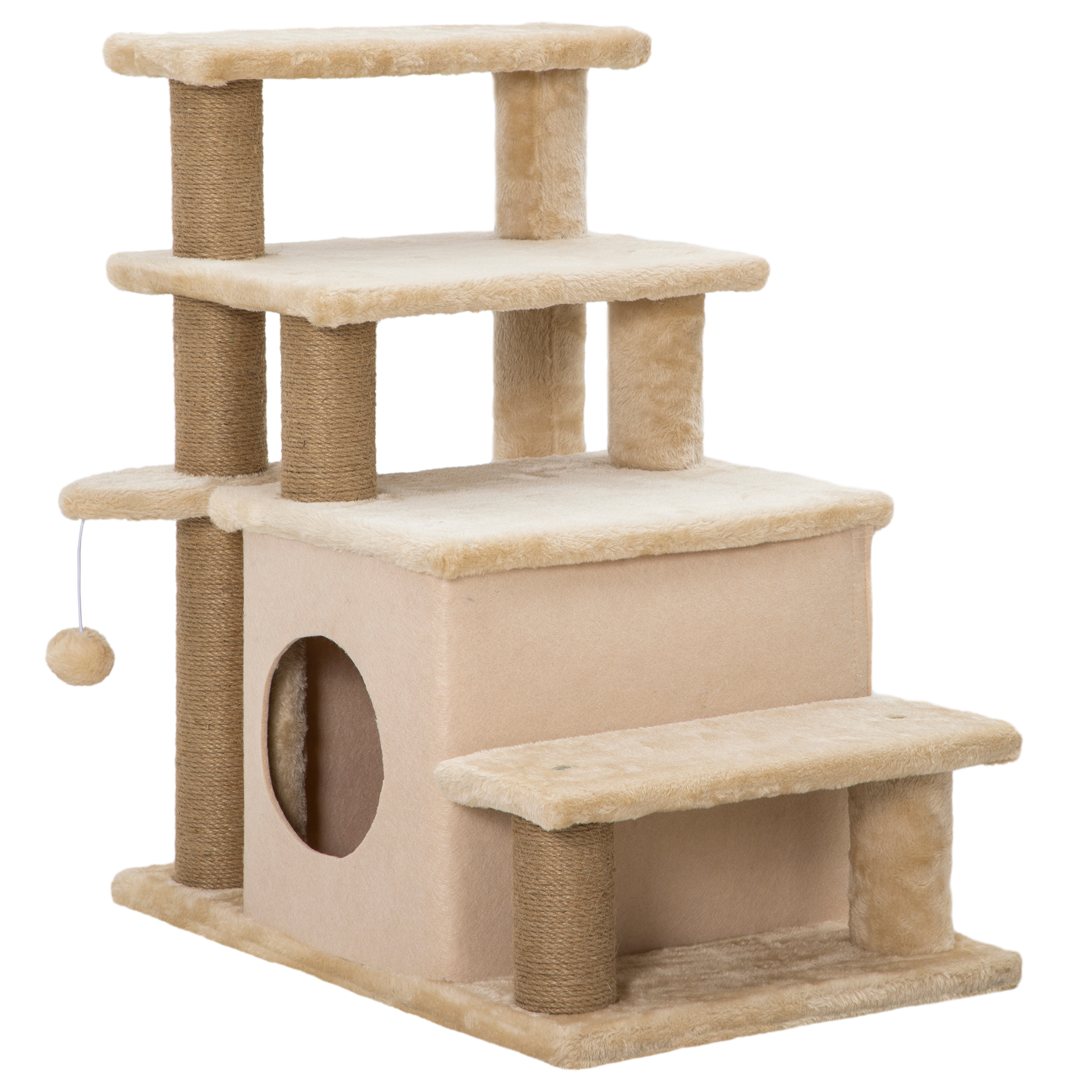 Haustiertreppe, Kratzbaum, 4 Stufen, Spielball, Häuschen, höhenverstellbar, 60 x 40 x 66 cm, Beige