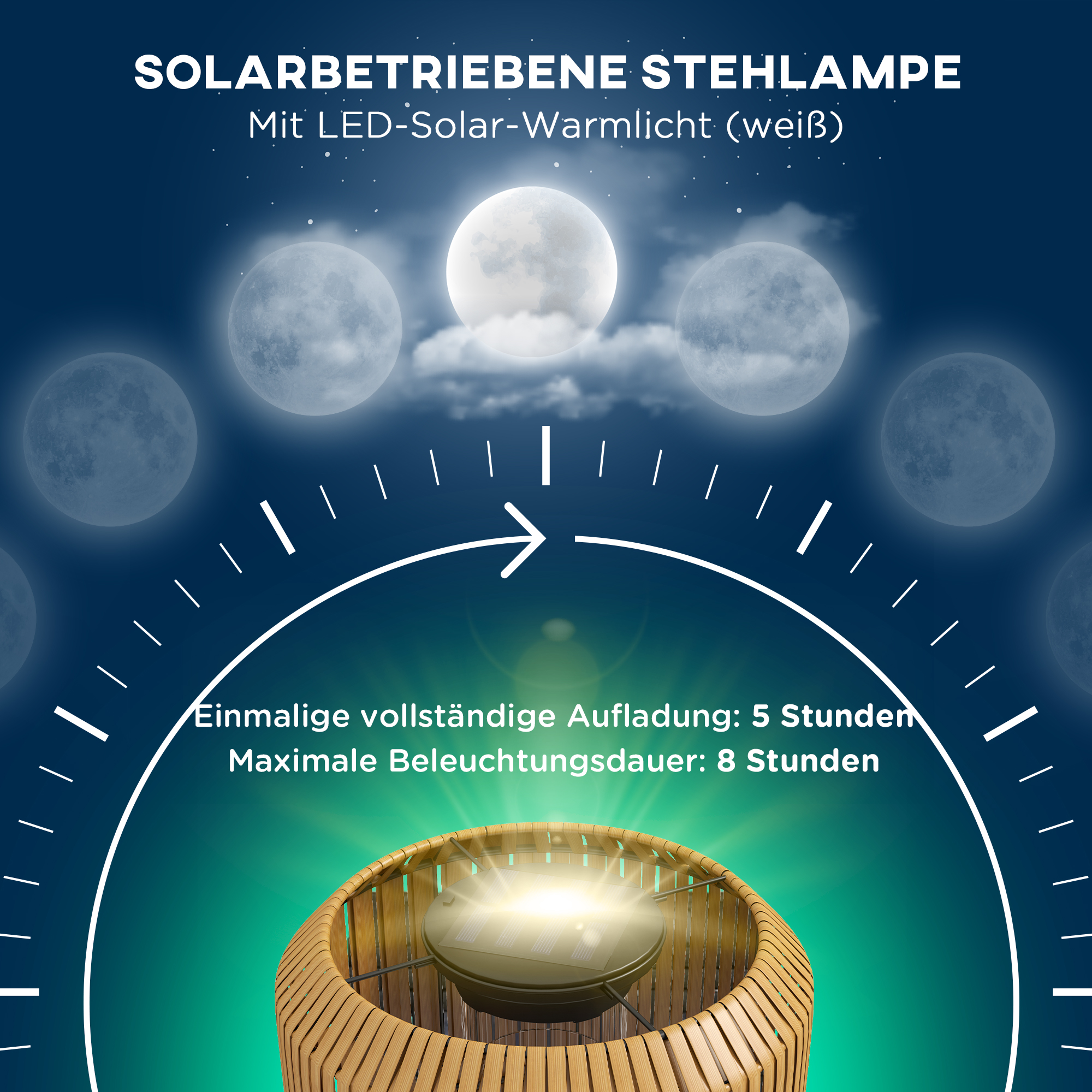 Rattan Außenleuchte, Solar Gartenlampe, Einschaltautomatik, LED, wetterfest, Metallrahmen, Ø34 x 130cm, Schwarz/Gelb