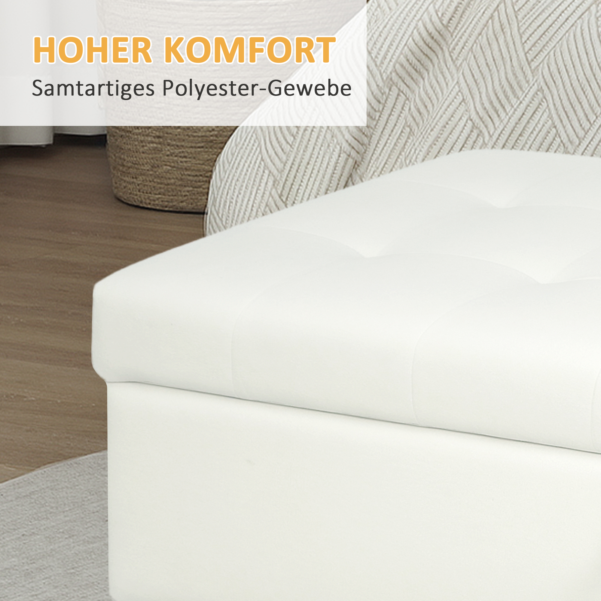 Polsterhocker mit Stauraum, Holzbeine, weicher Stoffbezug, Cremeweiß