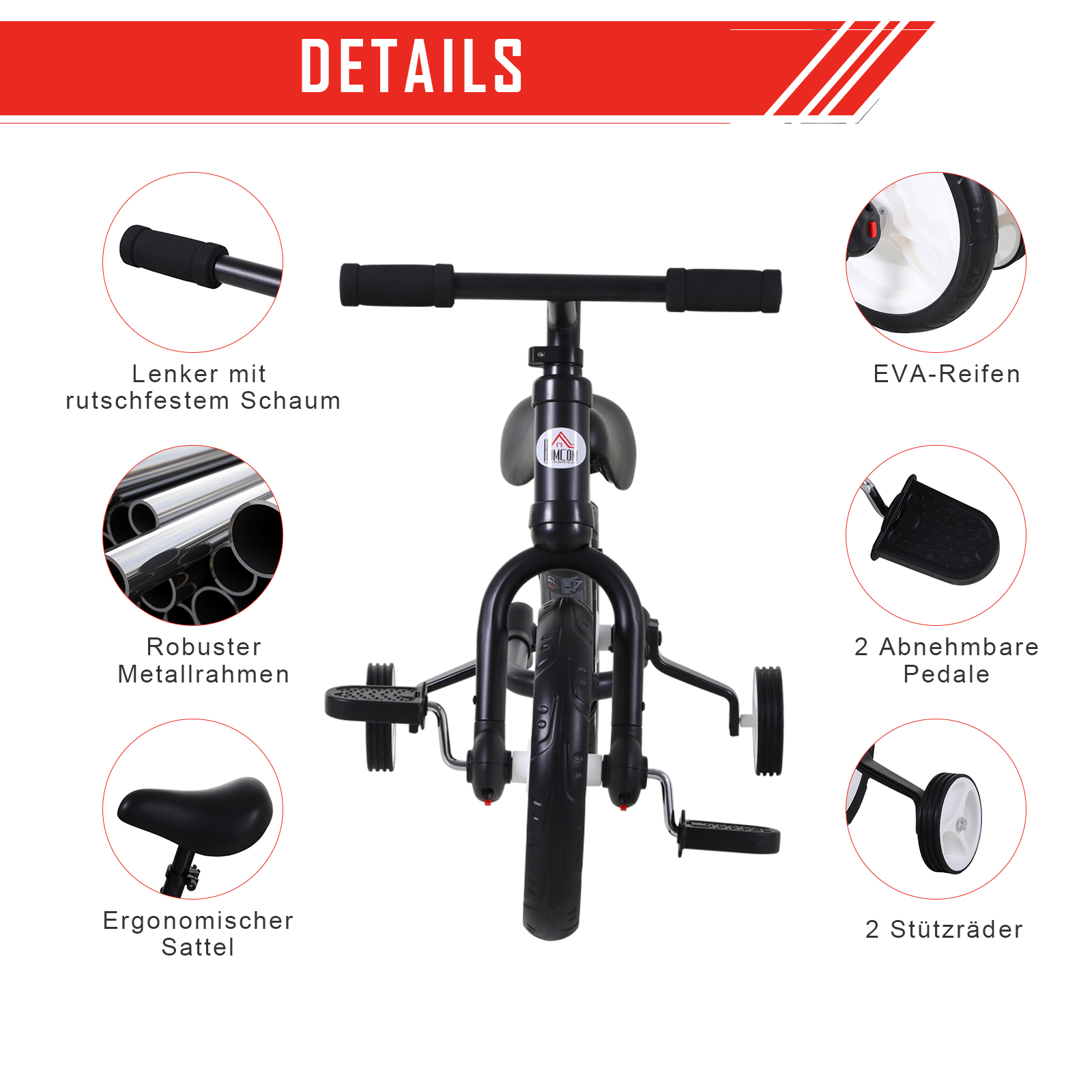 Kinder Laufrad, Lauflernrad, Kinderfahrrad, 2-in-1, Kinderrad mit Stützrädern und Pedalen, 2-5 Jahre, Sitzhöhenverstellbar, PP, Schwarz, 85 x B36 x H54 cm