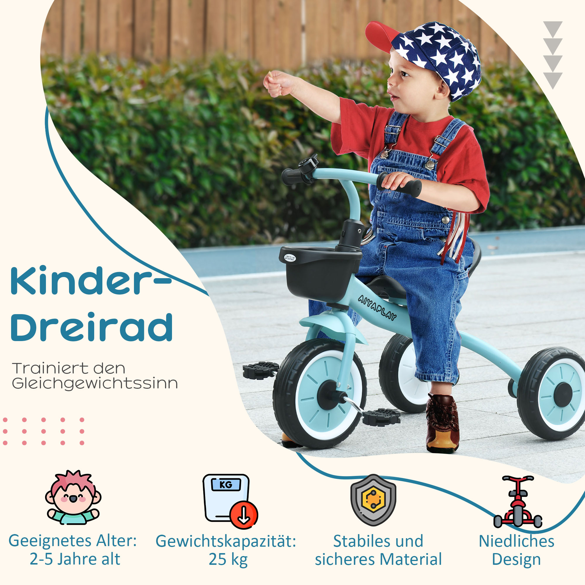 Dreirad für Kinder 2-5 Jahre, höhenverstellbarer Sitz, Klingel, Fahrradkorb, Metallrahmen, blau