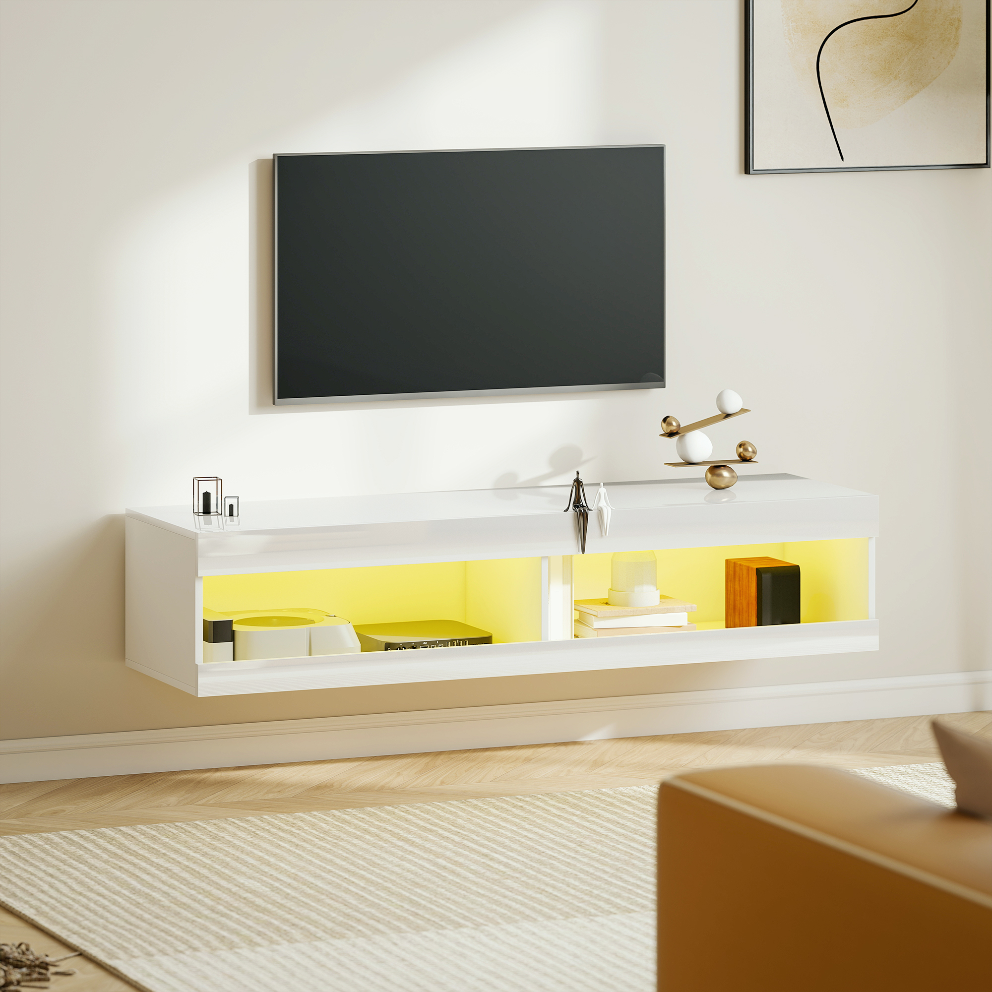 TV Schrank, Hängendes TV Lowboard mit RGB LED-Beleuchtung in 16 Farben, TV Ständer mit offenen Stauraum, für 55-60 Zoll Fernseher, für Wohnzimmer, Schlafzimmer, 140 x 40 x 30 cm, Hochglanzweiß