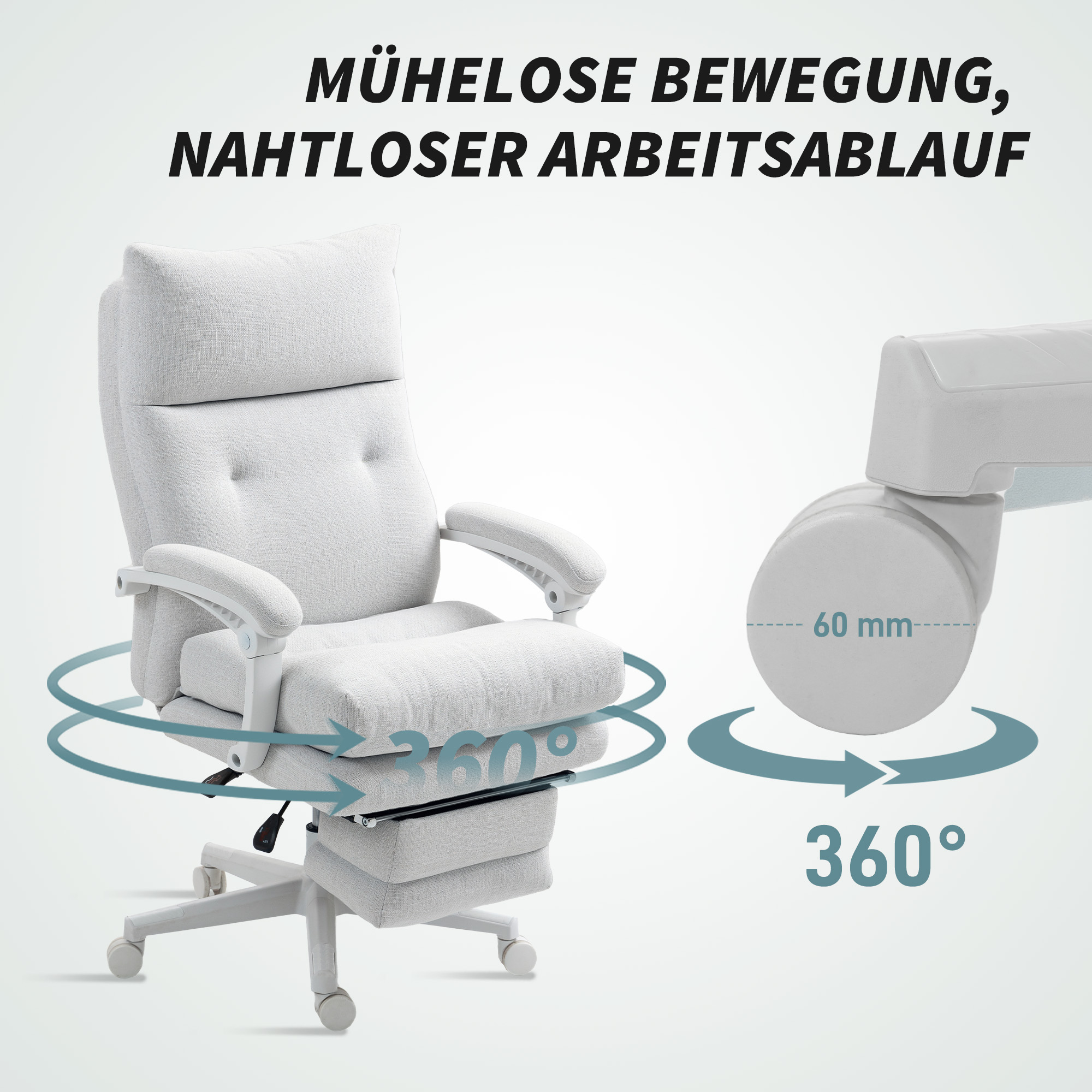 Rollsessel, Leinenoptik, höhenverstellbar, 160 Grad neigbar, Fußstütze, Cremeweiß