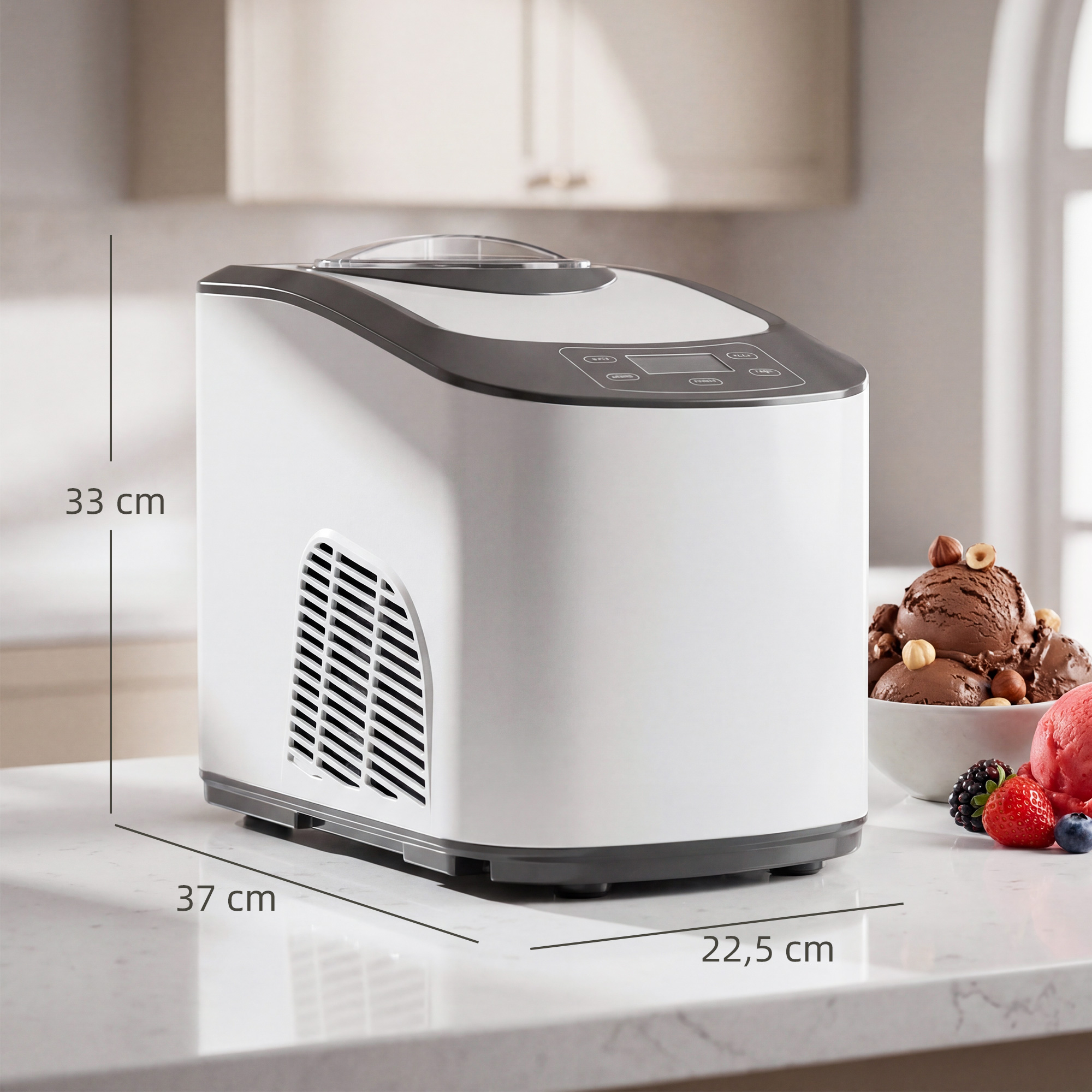 Eismaschine ohne vorfrieren mit eingebautem Kompressor, 1,5L, Weiß