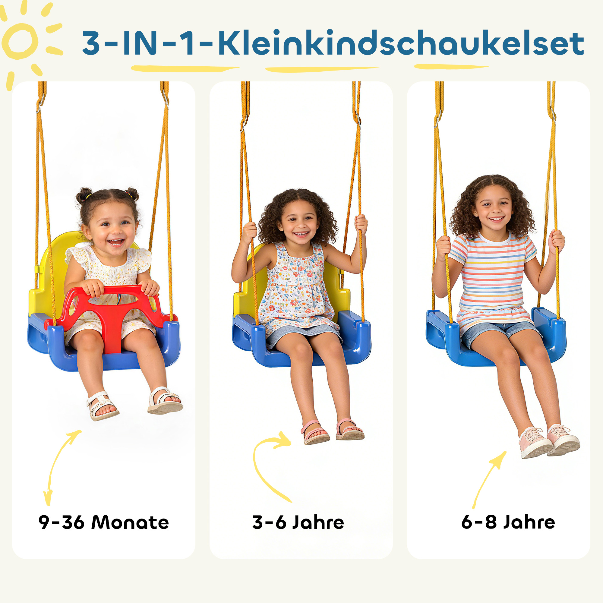 Babyschaukel 3 in 1 Kinderschaukel verstellbar Schaukelsitz mit Rückenlehne, Anschnallgurt, 128 x 155 x 157 cm Blau