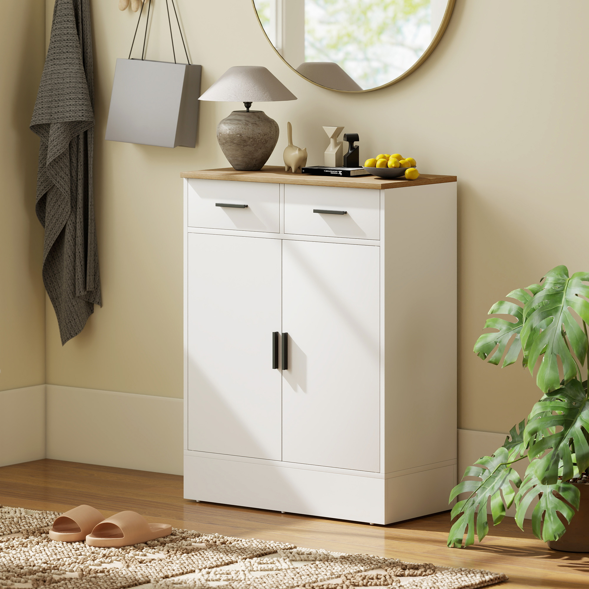 Sideboard mit Stauraum, Kommode mit 2 Schubladen, verstellbares Regal, für Küche, Wohnzimmer, Flur, Naturholz, Weiß