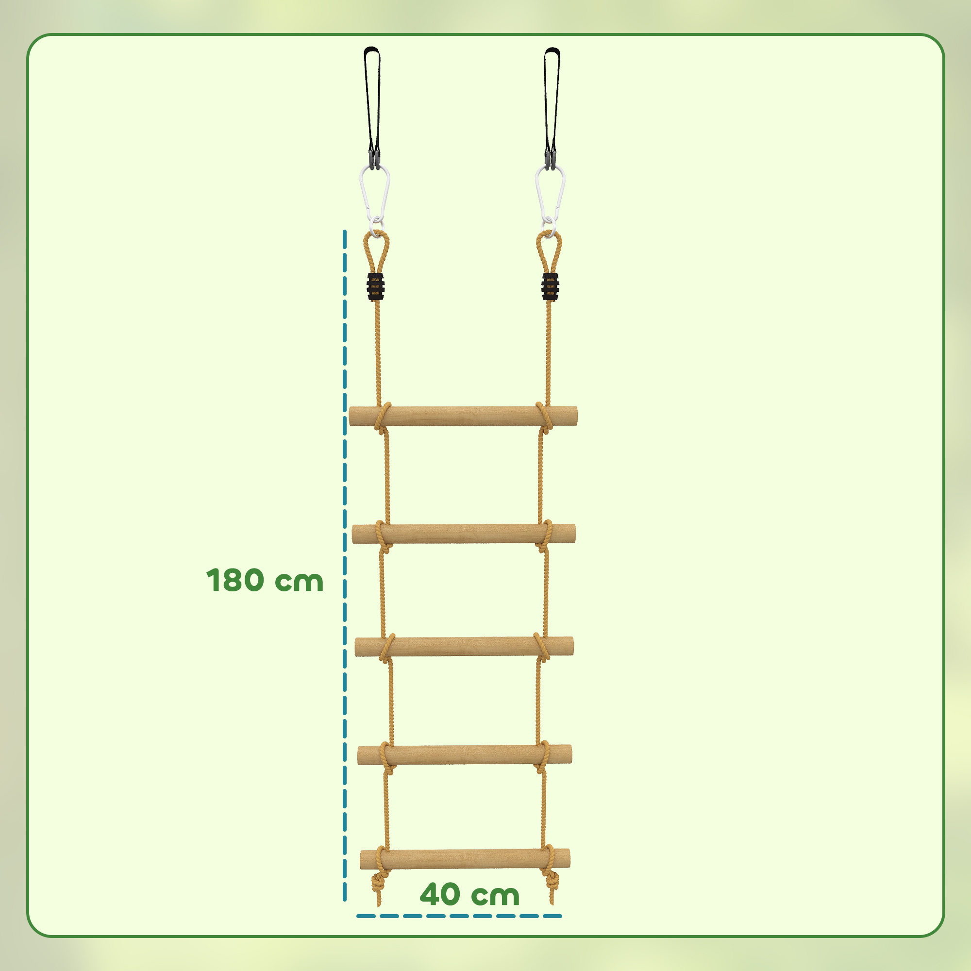 Strickleiter für Kinder 5-stufige Kletterleiter mit 2 Karabinern 2 Baumgurten für 3-8 Jahre 40 x 3,5 x 180 cm Naturholz