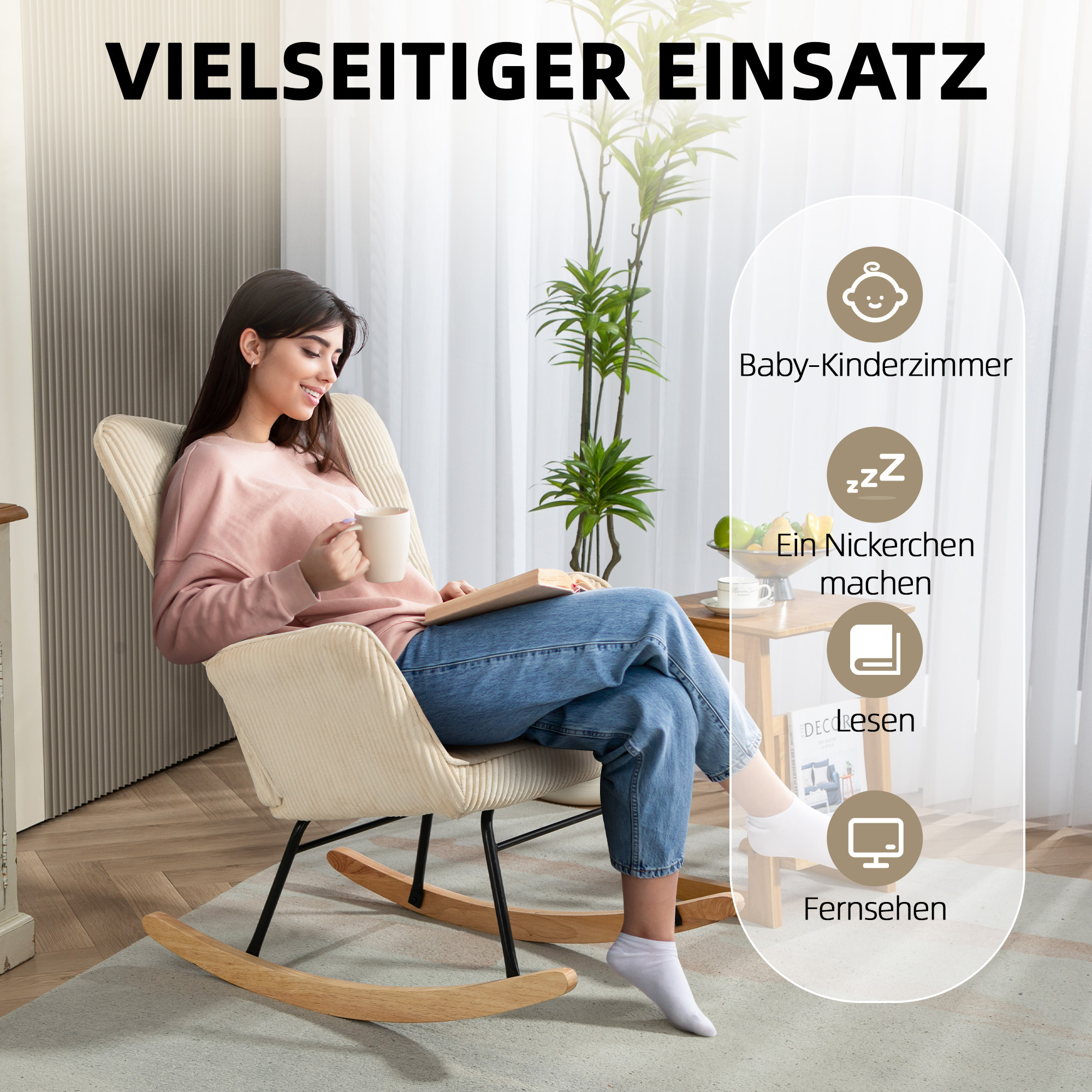 Vintage Schaukelstuhl, geschwungene Kufen, dicke Polsterung, Buchenholz & Stahl, Beige