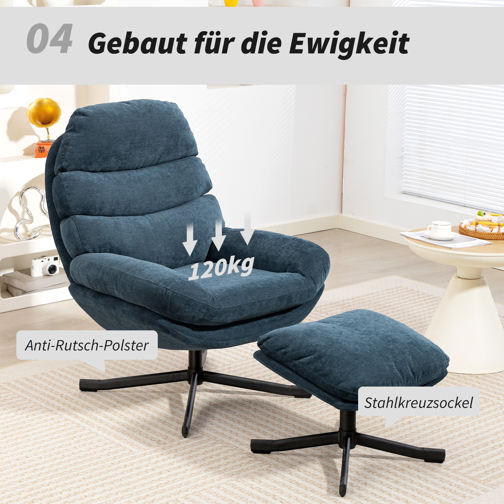 Relaxsessel mit Hocker Sessel Loungesessel mit Chenille-Stoff, Modern Fernsehsessel, 78 x 93 x 100 cm, Blau