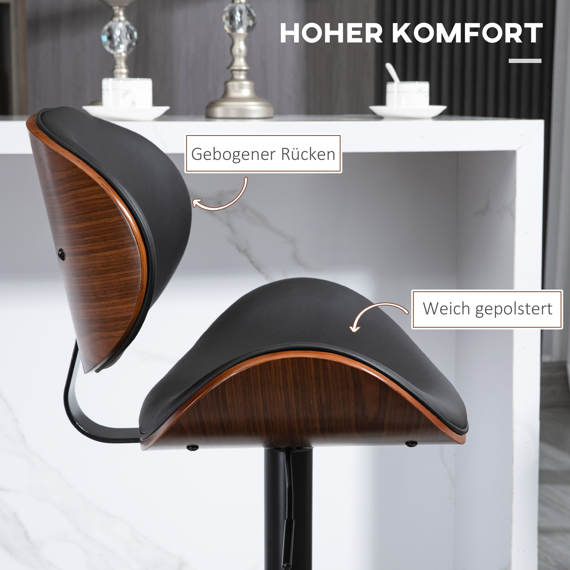 Barhocker-Set, höhenverstellbar, drehbar, Kunstleder, Stahlrahmen, schwarz, 53 x 50,5 x 112,5 cm