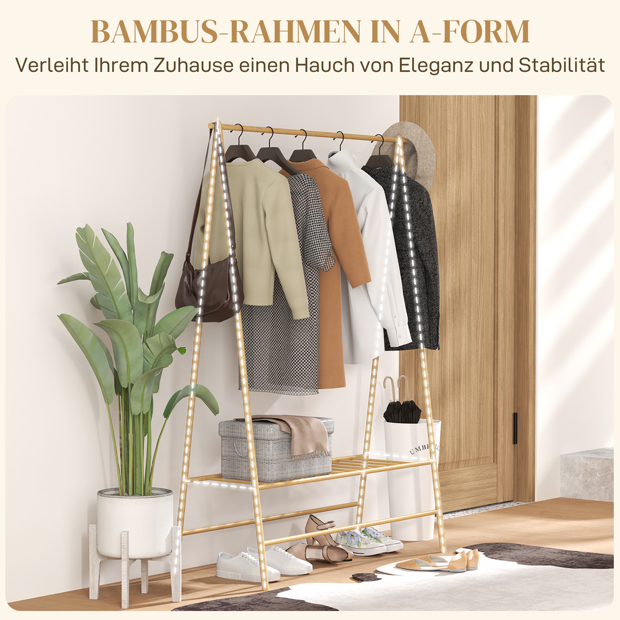 Bambus-Kleiderständer mit Schuhregal und Haken, freistehend, für Eingangsbereich, Schlafzimmer, Naturholz