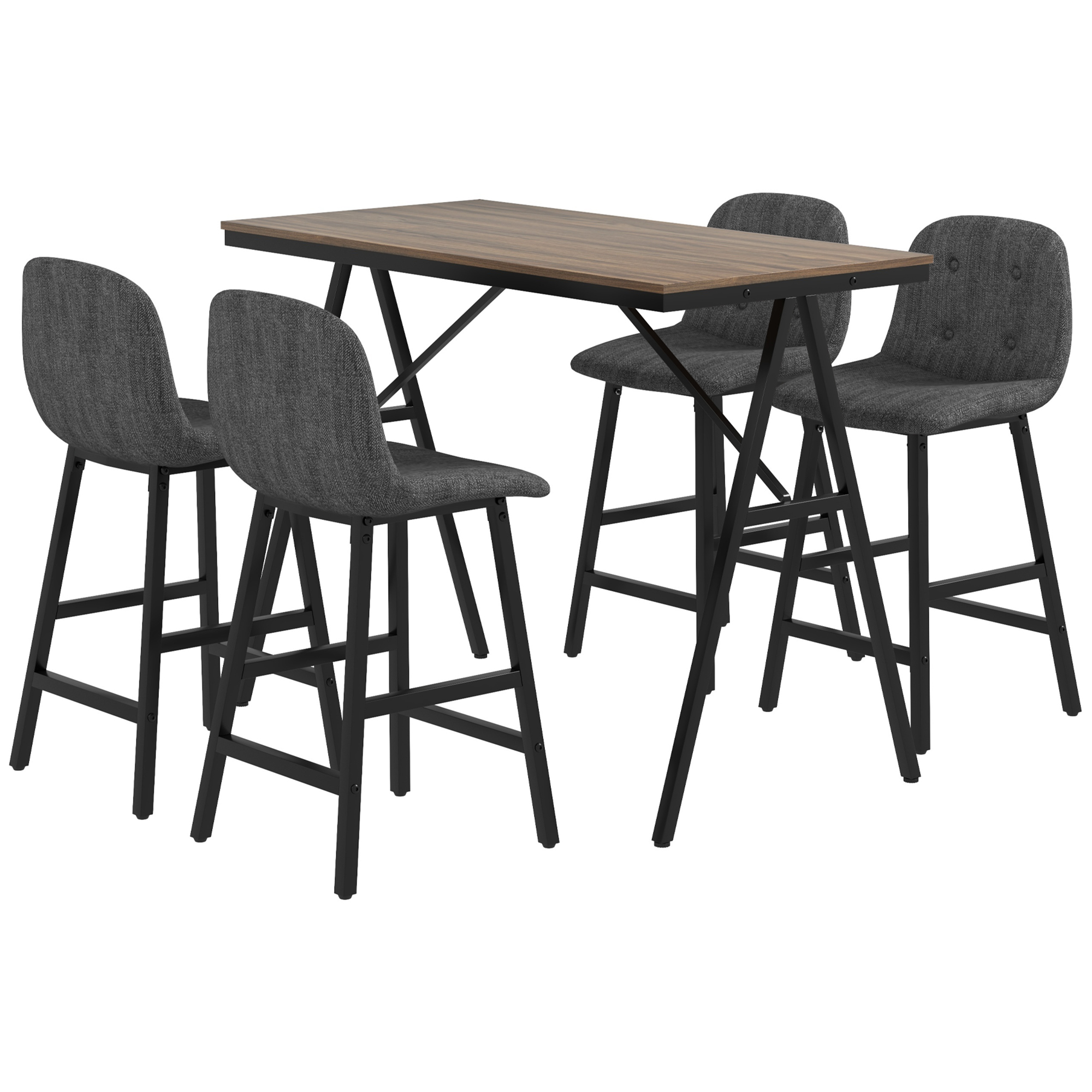 Bargarnitur 5-teilig, Tisch und 4 Stühle, Knopfheftung, dicke Polsterung, Leinenoptik, Dunkelgrau