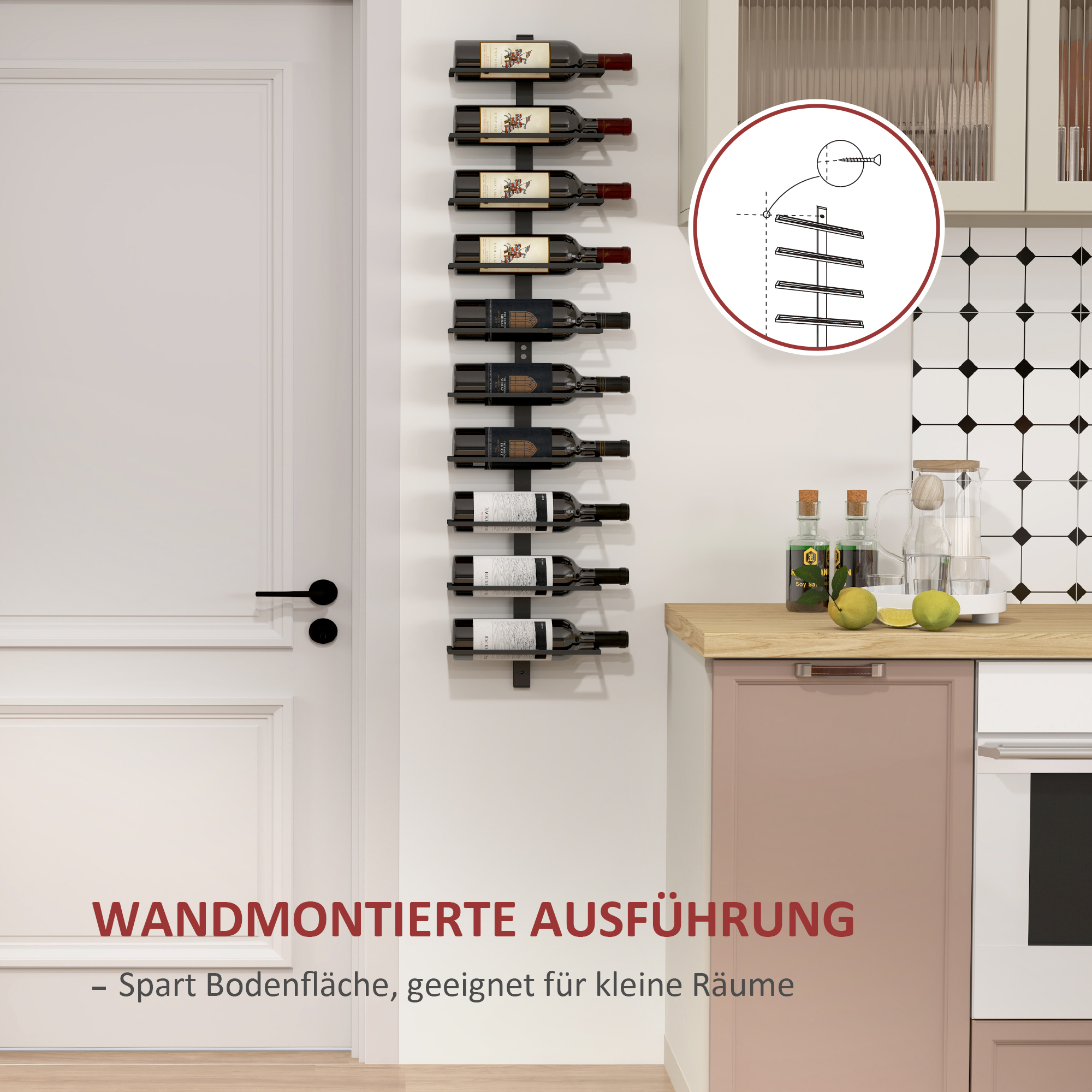 Weinregal, Wandregal für 10 Flaschen Wein, 10 Ebenen, Metall, für Küche, Wohnzimmer, Hausbar, Schwarz