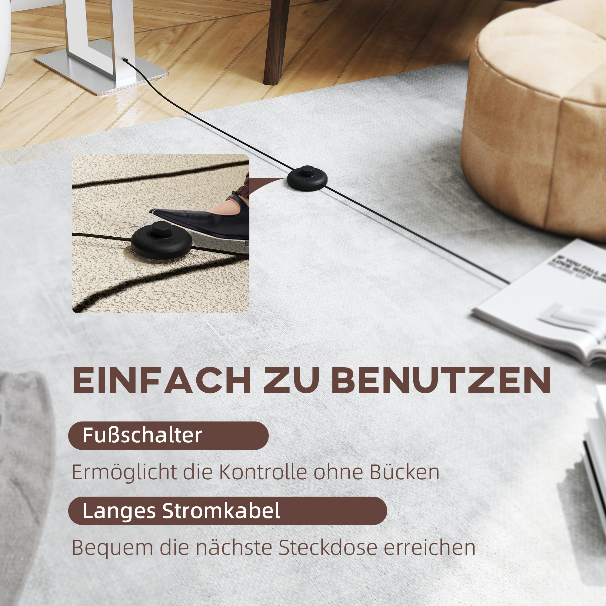 Moderne Stehlampe, 3 Modi, Fußschalter, verstellbare Helligkeit, Leinenoptik, Weiß